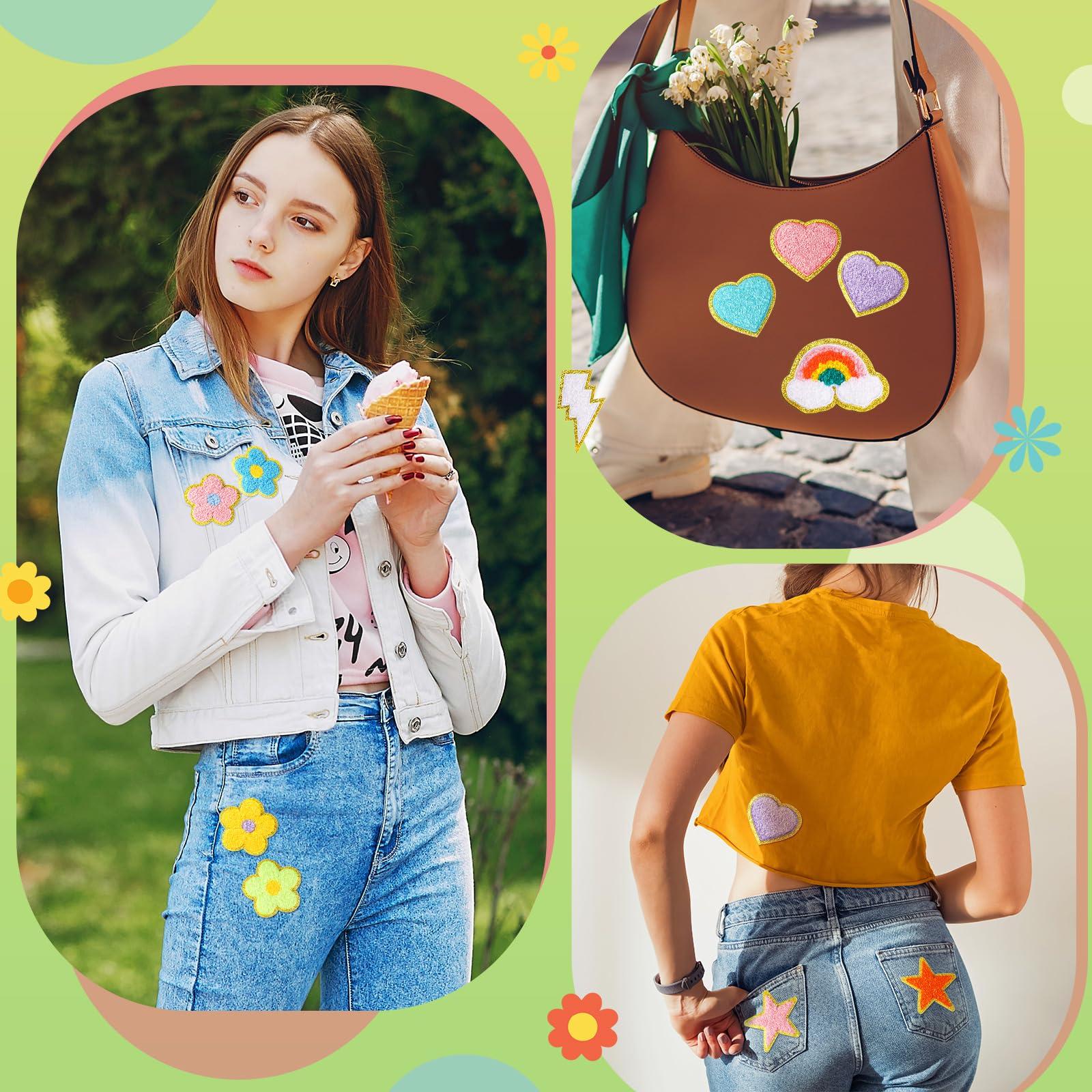 Yilloog 50 Pcs Self Adhesive Chenille Patches Paw Print Smile Face Heart Patch Preppy Sticker Chenille Rainbow Sew on Sticker for Jackets Jeans(Colorful Style,Rainbow Color) - Image 5