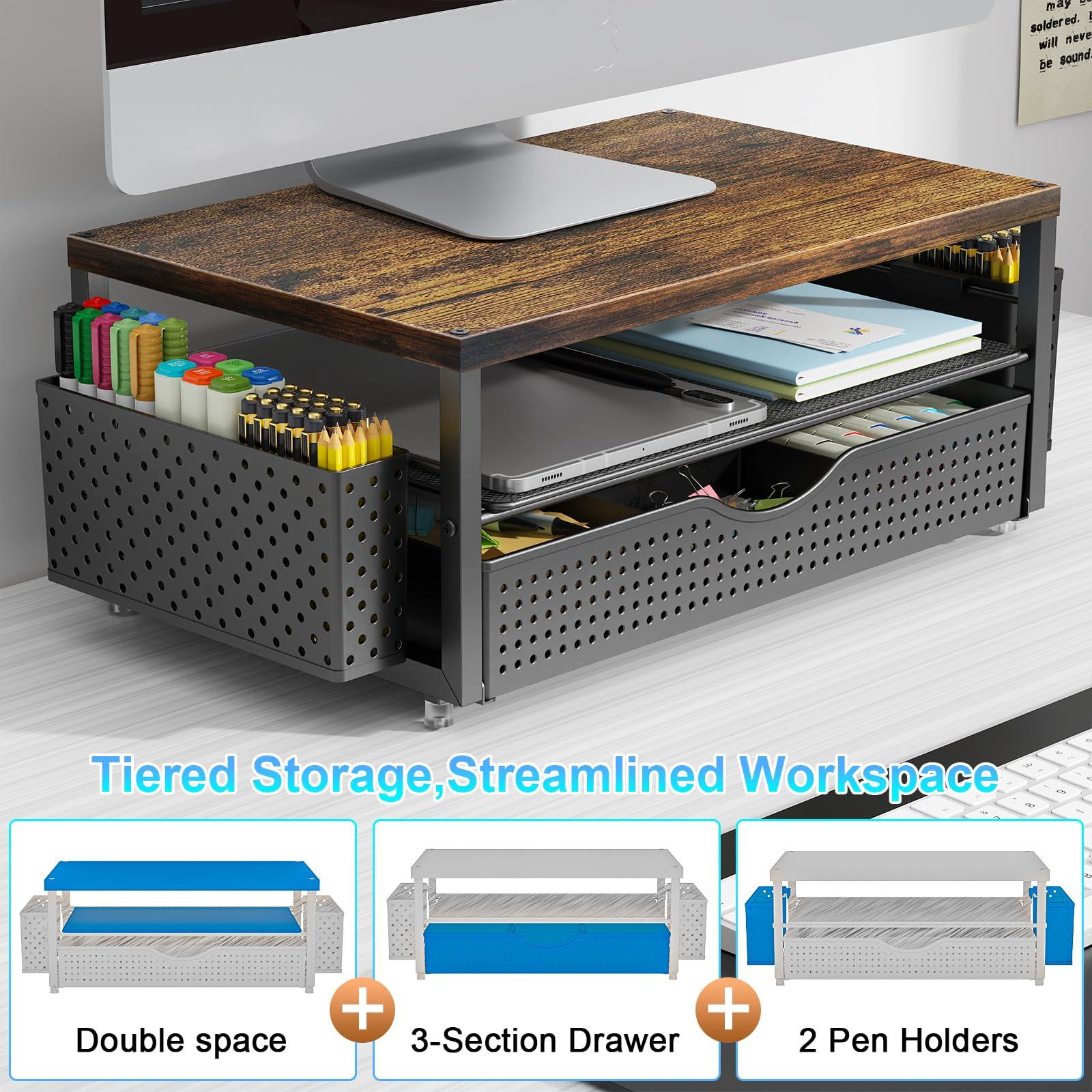gianotter Wood Monitor Stand Riser, Office Desk Shelf Organizer, Desk Organizer with Drawer and Pen Holder, 2-Tier Computer Stand, Office Organization (Wood) - Image 5