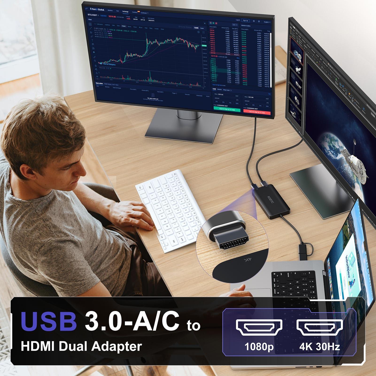 KOZYC USB 3.0 to HDMI Splitter Extended Display Dual Monitors, USB 3.0-A/C to Dual HDMI Adapter 4K@30Hz+1080p@60Hz Compatible MacBook/MacBook Pro Air Dell (MST Support MacOS/Windows) - Image 2