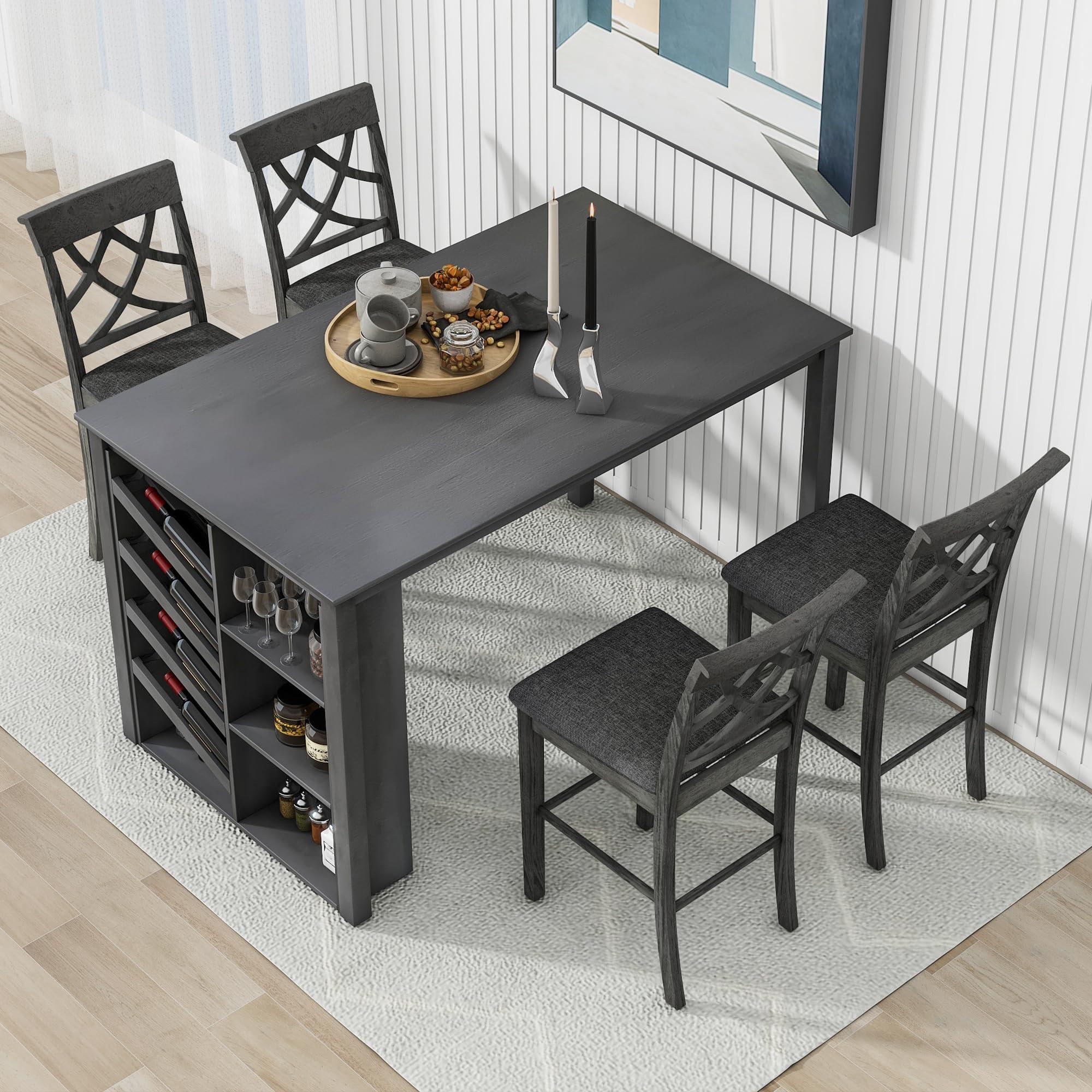 Merax 5 Piece Farmhouse Counter Height Dining Table Set with Wine Rack - Wood Table, 4 Upholstered Chairs for Kitchen Dining Room Grey