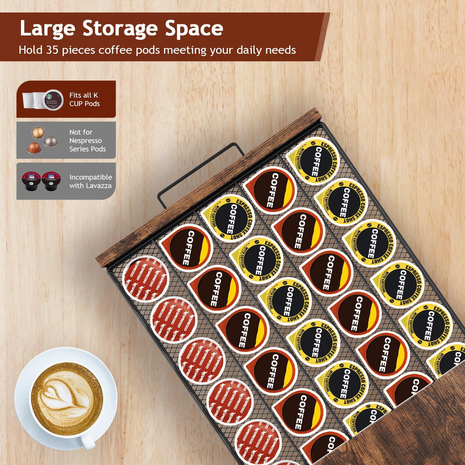 Homsorout K Cup Holder Drawer - Coffee Pod Organizer for Counter, Sturdy k cups Storage Drawer with Mug Rack, Coffee Maker Stand, 35 Capacity Pods, Home Kitchen Counter Organizer, Rustic Brown - Image 6