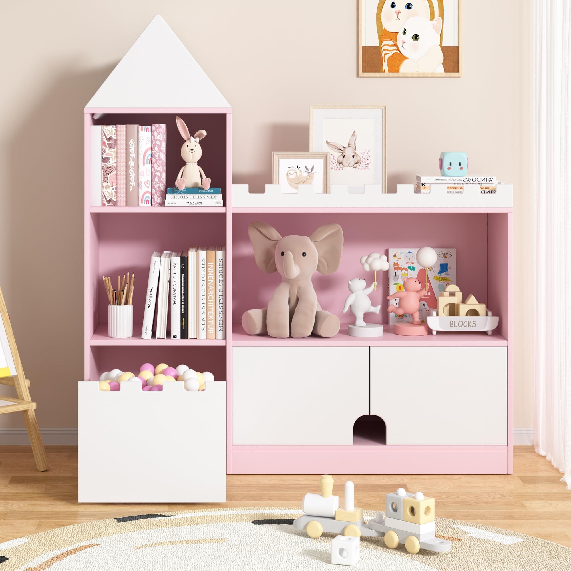 Decofy Toy Storage Organizer, Kids Castle Bookshelf, 6 Cubby Children Bookshelf, 39.4’’ Wood Montessori Shelf Baby Book Shelf for Nursery, Playroom, Living Room (Pink)