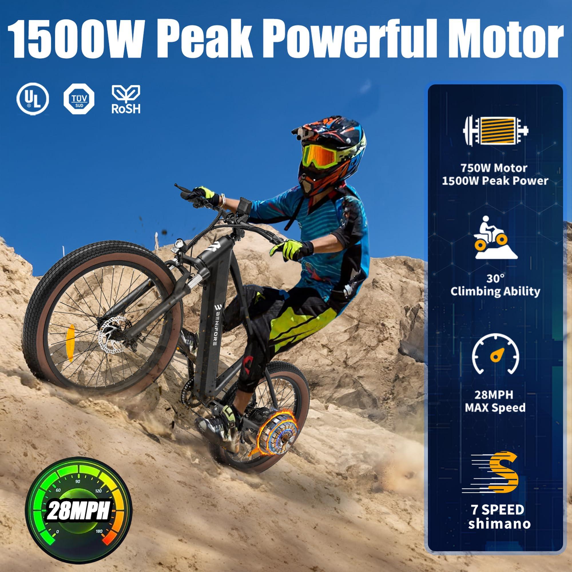 Luckeep Electric Bike for Adult 1500W Peak, 48V 720WH Removable Battery, 72 Miles 28 MPH, 26" Electric Mountain Bike with Hydraulic Suspension, 7-Speed,UL Certified Commute Fat Tire Mountain Ebikes - Image 2