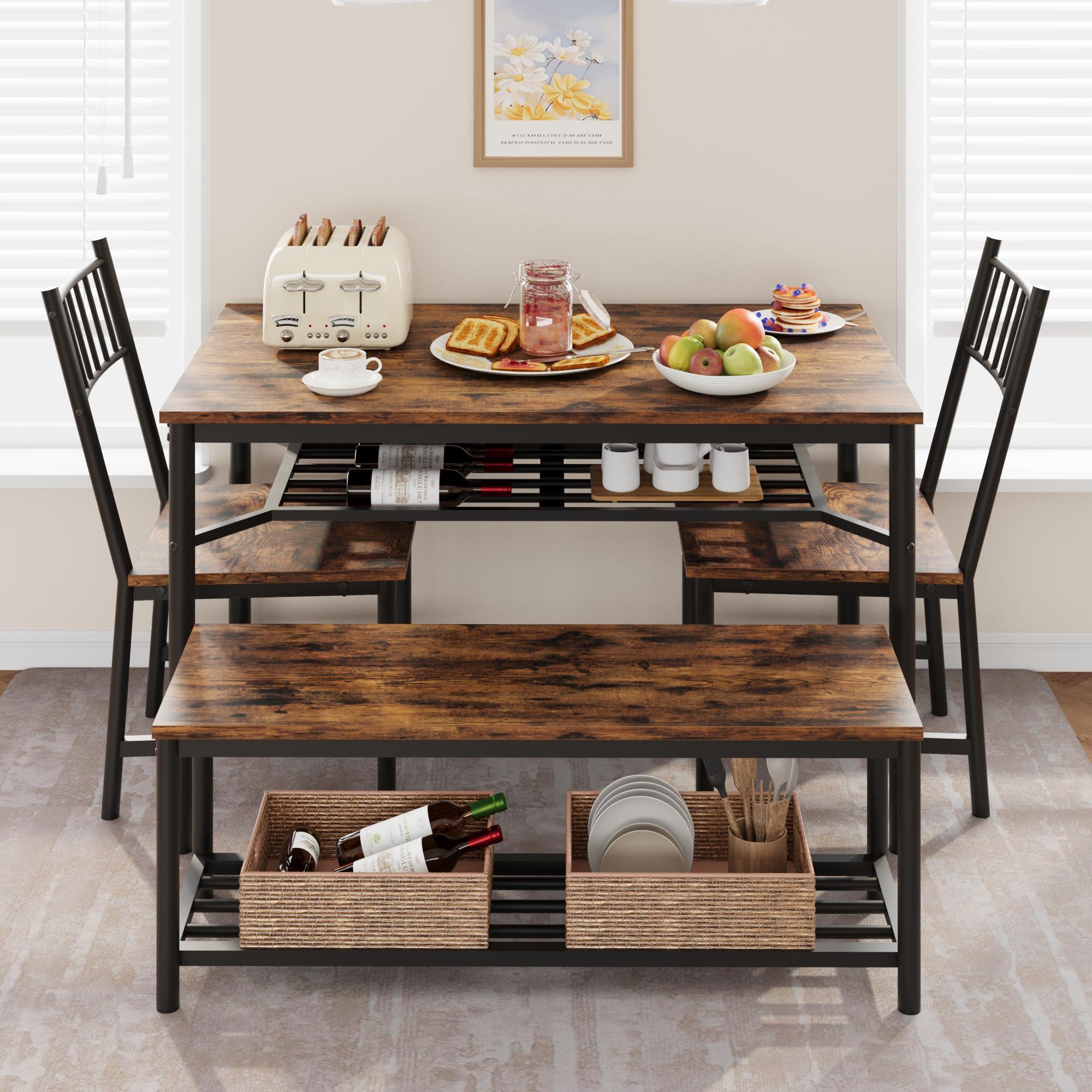 IDEALHOUSE Dining Table Set for 4, Kitchen Table and 2 Chairs with Storage Bench, 47.2" Rectangular Kitchen Table Set with Wine Rack, Dining Room Table Set for Small Space, Apartment, Rustic Brown - Image 3