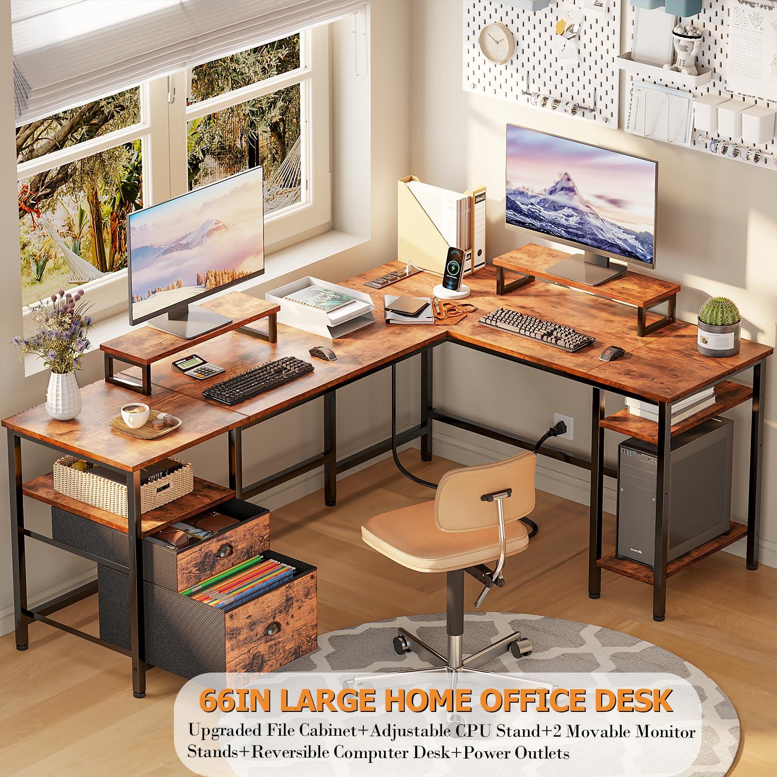 Furologee 66” L Shaped Desk with Power Outlet, Reversible Computer Gaming Desk with File Drawer & 2 Monitor Stands for Home Office with Storage Shelves, Rustic Brown - Image 4