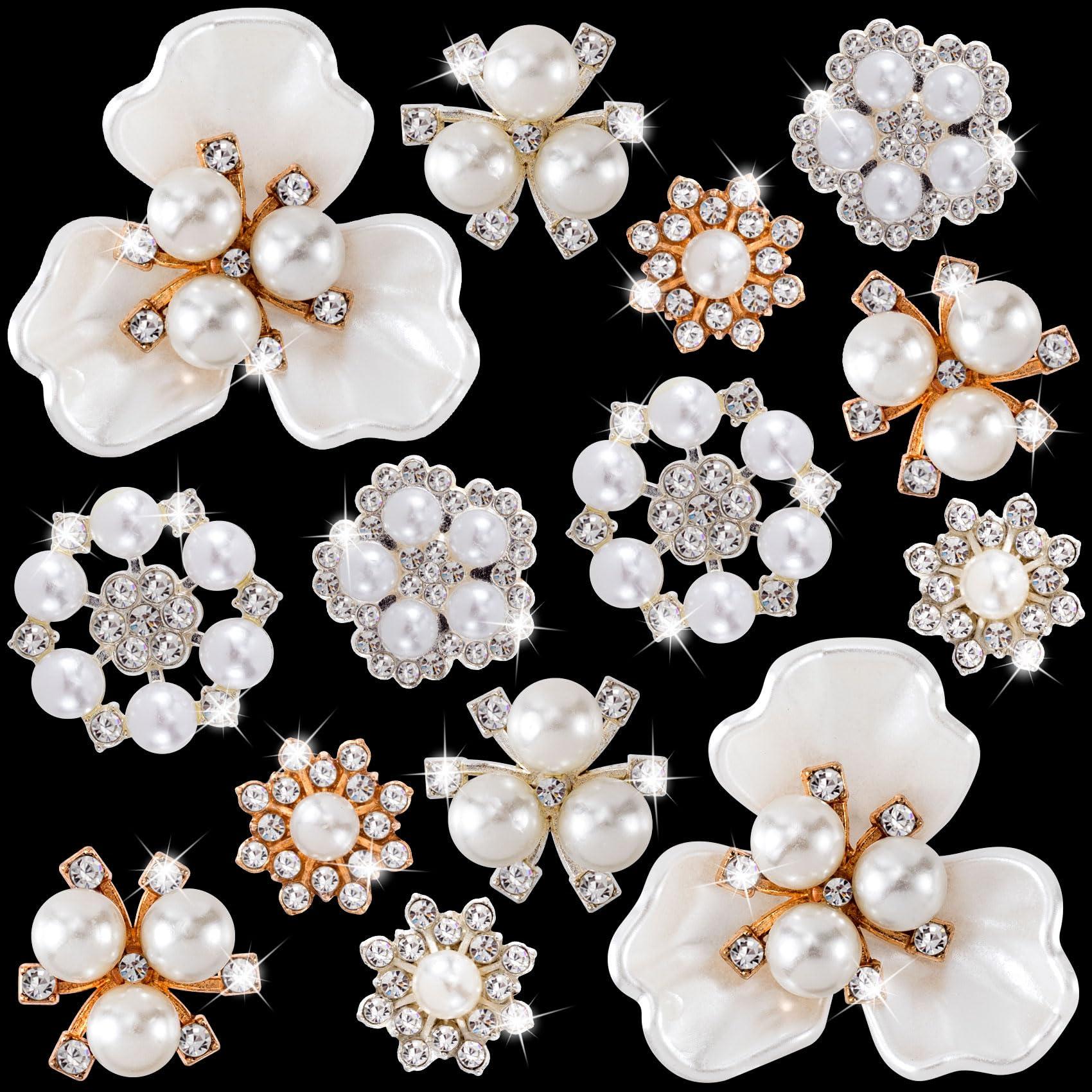 Pndeyo 14pcs Sparkle Flower Pearl Button Set, Alloy, Faux Pearls, Rhinestones, Wedding Party Clothes Bags Decoration