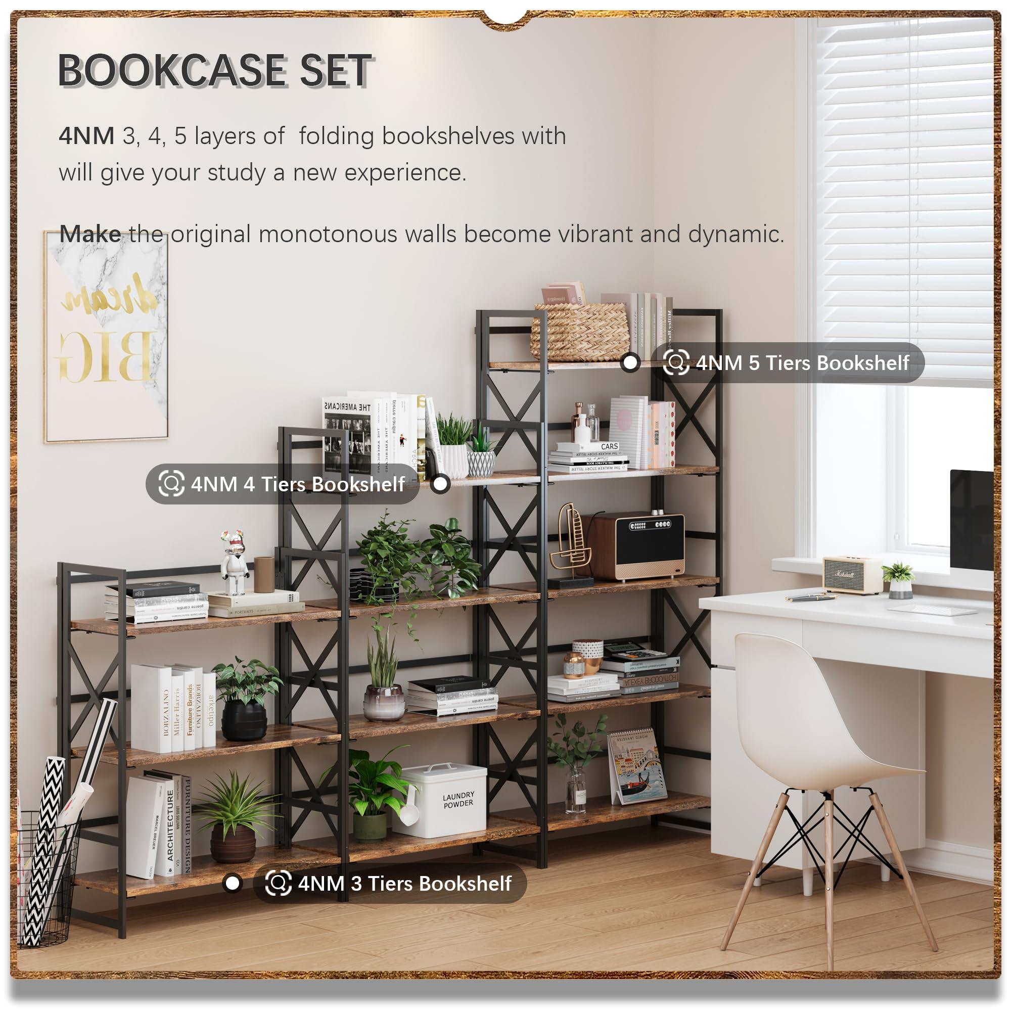 4NM 5 Tiers No Assembly Book Shelves, Black Folding Bookshelf Bookcase Open Industrial Foldable Shelves for Bedroom, Living Room, Home Office - Rustic Brown Black - Image 5
