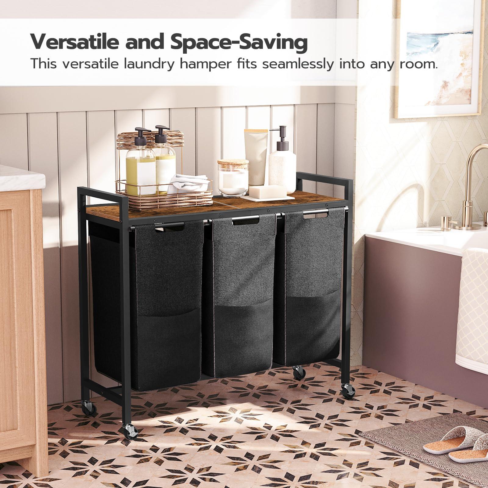 HOOBRO Laundry Sorter 3 Section, Laundry Hamper with Wheels, 3 × 11.5 Gal (43.5 L), Rolling Laundry Basket, Pull-Out and Removable Oxford Fabric Laundry Bags, Rustic Brown and Black BF76XY01 - Image 4