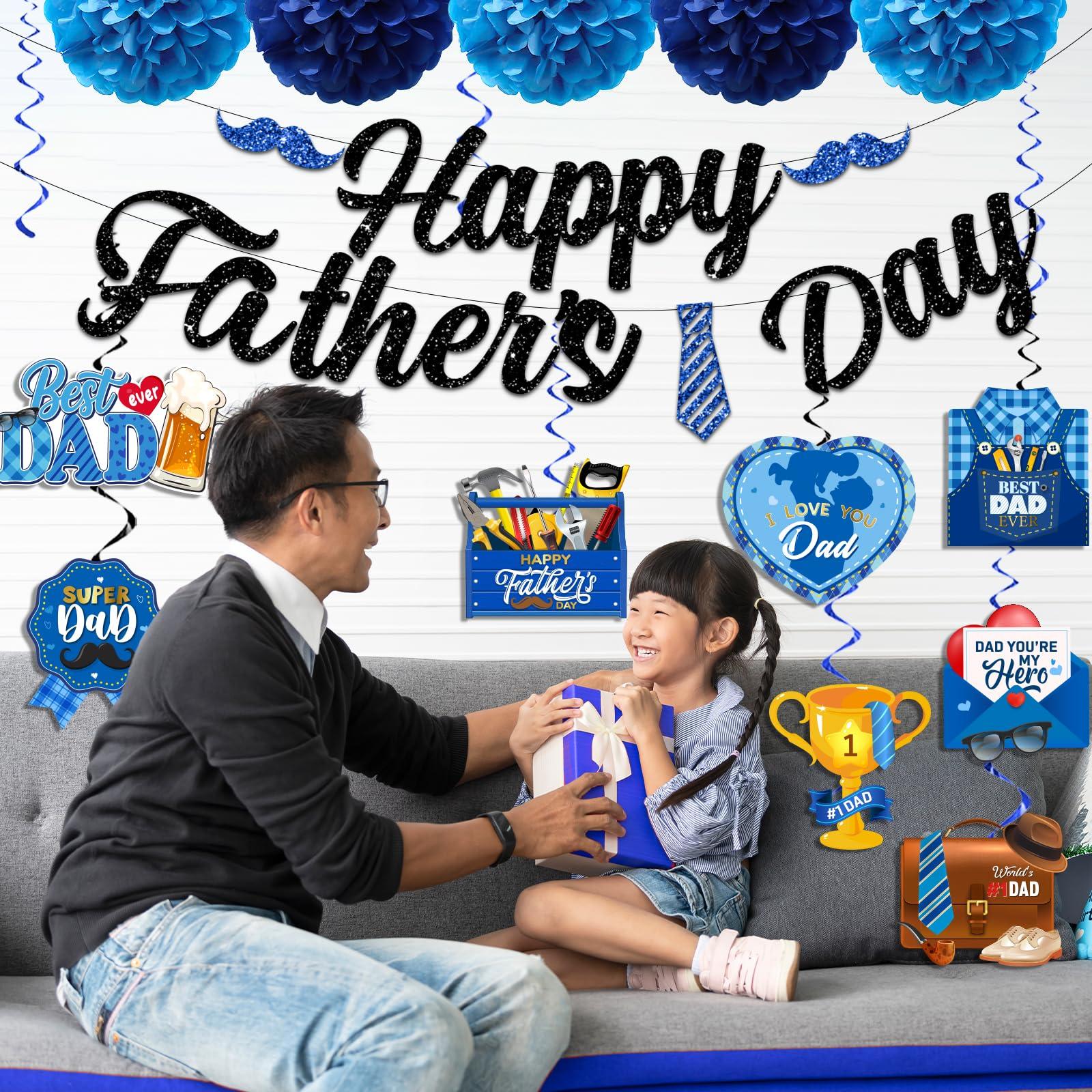 Fathers Day Decorations, Best Dad Ever Decorations includes Glitter Happy Fathers day Banner Dad Hanging Swirls and Blue Tissue Pom Poms, Fathers Day Decorations for Home Office - Image 6