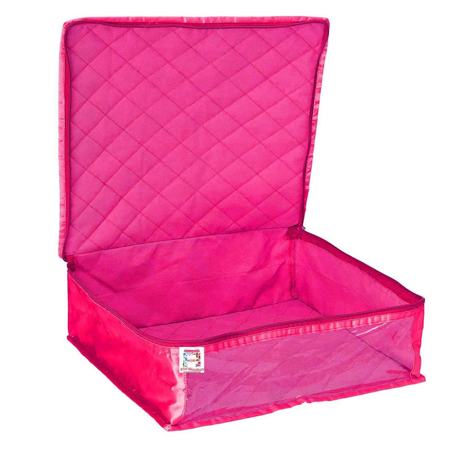atorakushon Fabric Satin Foldable Saree Covers Cloth Garments Storage Bag Wardrobe Organizers with Strong Zippers & Transparent Window Pack of 6 Pink - Image 4