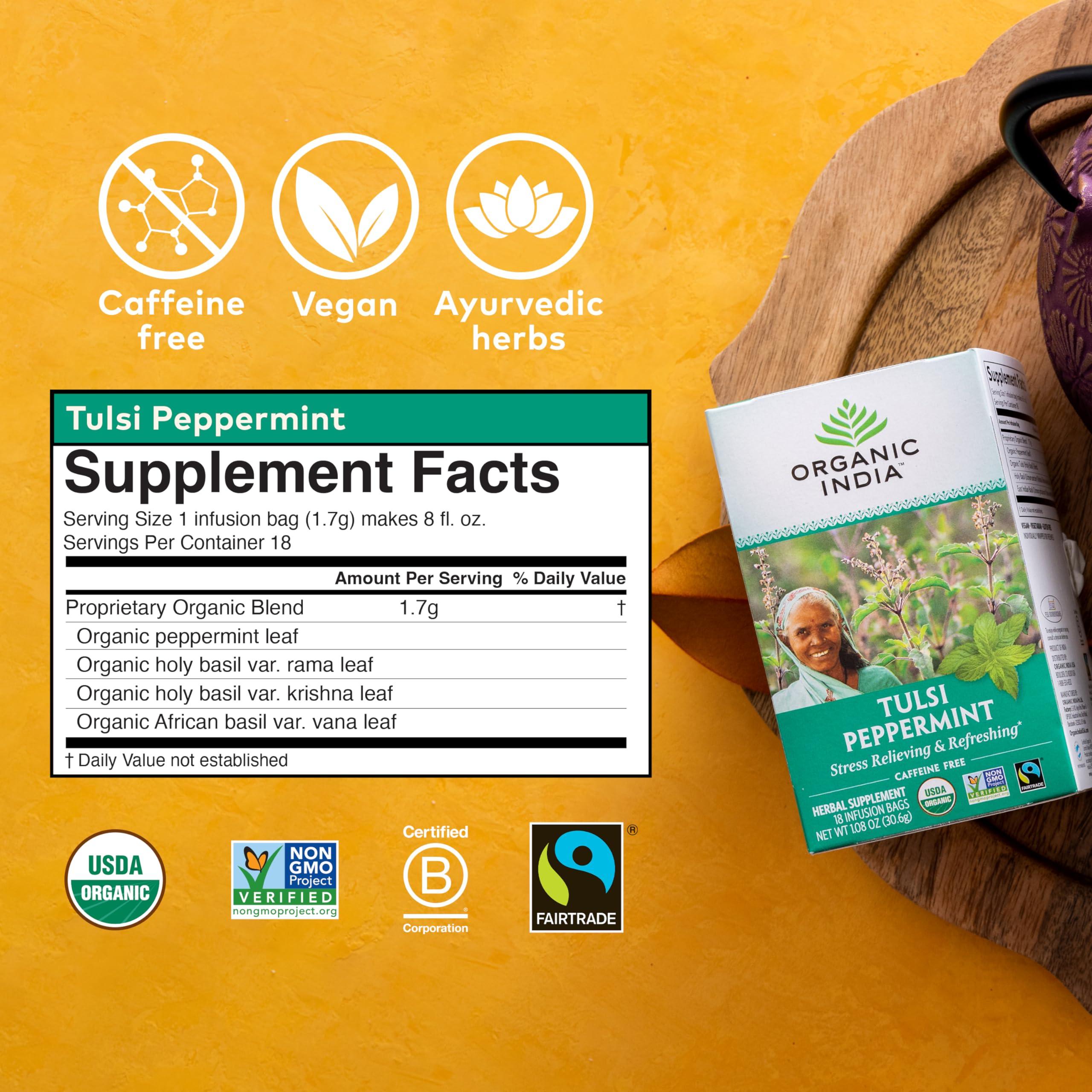 Organic India Tulsi Peppermint Tea, Immune Support, Organic, Non-GMO, and Fair Trade, 18 Infusion Bags (Pack of 1) - Image 2