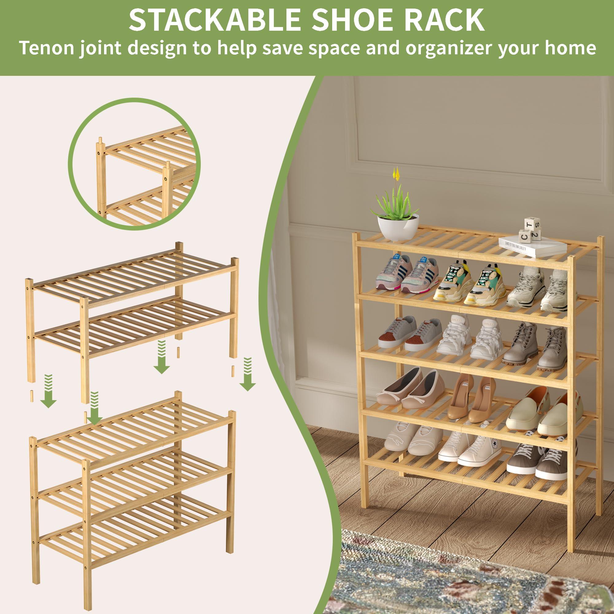 ROMGUAR CRAFT 3 Tier Bamboo Shoe Rack for Closet Free Standing Wood Shoe Shelf Storage Organizer for Entryway Small Space Stackable 27"x11"x20" (Natural) - Image 5