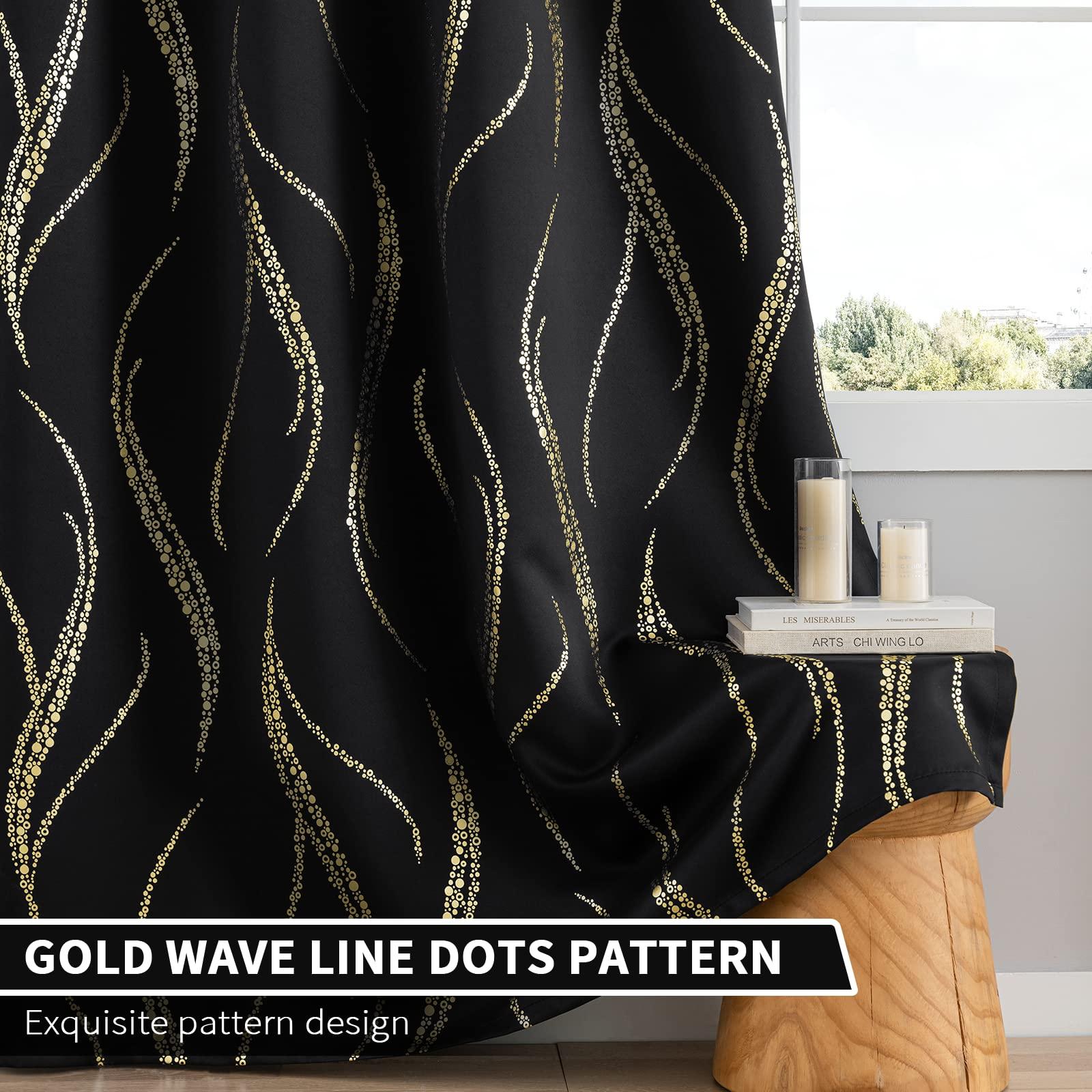 Yakamok Blackout Curtains for Livingroom - Wave Line with Dots Gold Print Design Noise Reducing Thermal Insulated Solid Ring Top Blackout Window Drapes for Livingroom (2 Panels, 52 x 84 Inch, Black) - Image 6