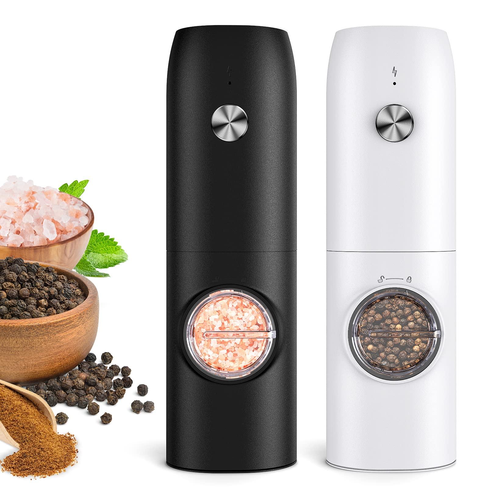 Electric Salt and Pepper Grinder Set, Rechargeable Automatic Pepper Mill Grinder with LED Light, Adjustable Coarseness shakers, One-Hand Operation for Kitchen(2 Pack,Black+White) - Image 1