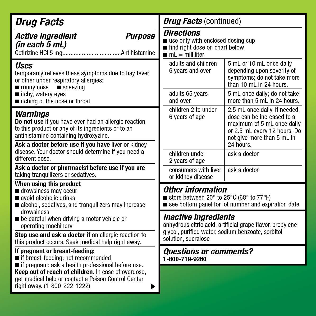 Amazon Basic Care 24 Hour Allergy Relief for Children, Cetirizine Hydrochloride Oral Solution 1 mg/mL, Grape Flavor, Dye Free, 8 fl oz (Pack of 1) - Image 4