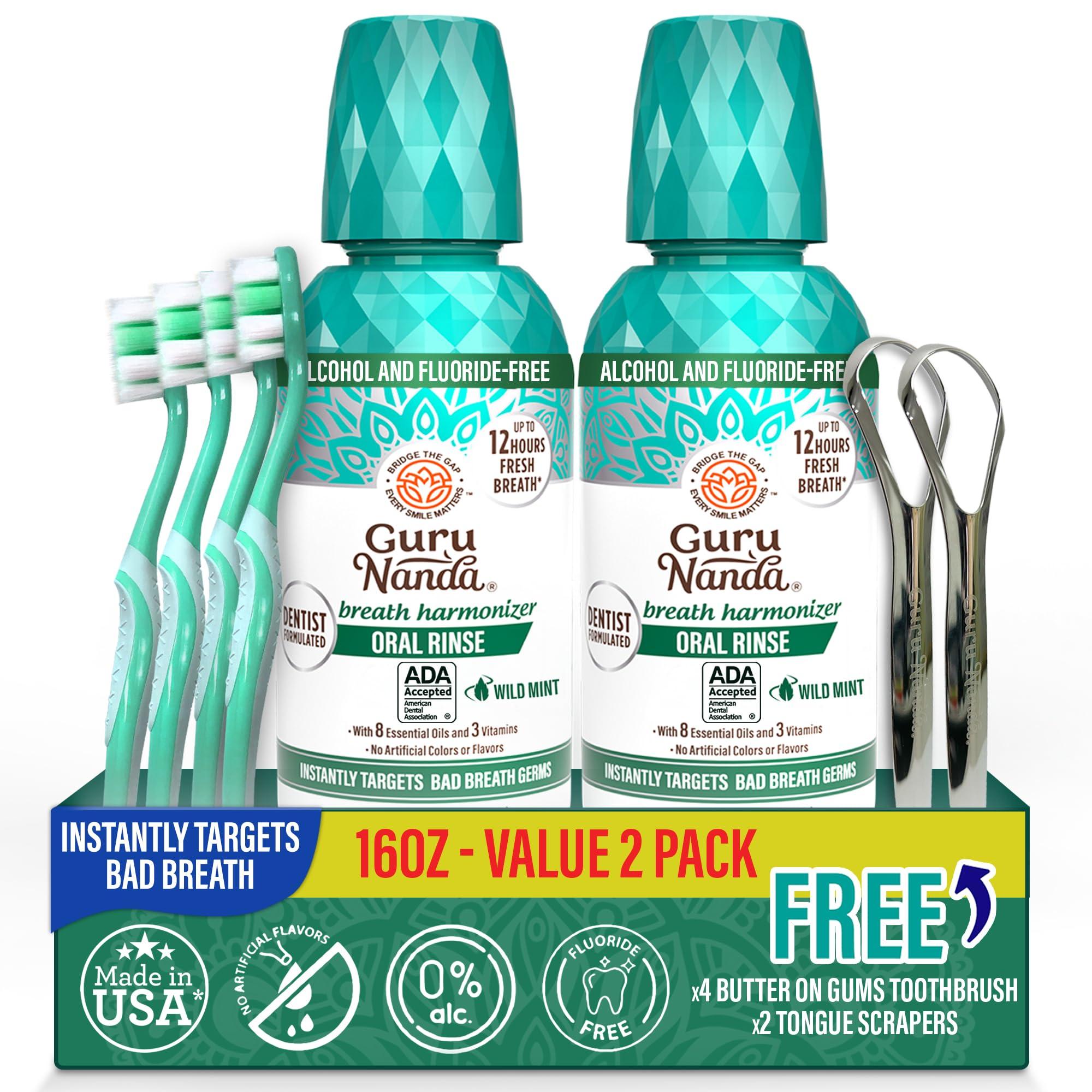 GuruNanda Fresh Breath Mouthwash, ADA-Accepted, Alcohol & Fluoride-Free, Sodium Chlorite, Essential Oils & Vitamins, 12-Hrs Fresh Breath, Wild Mint, 16 oz - 2 Pack - Image 1