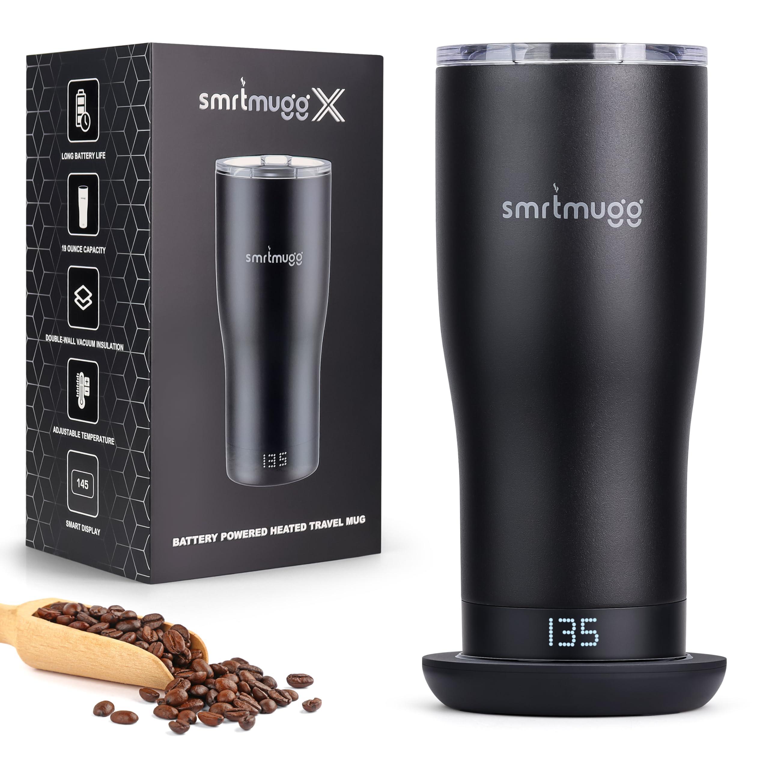 SMRTMUGG X Heated Coffee Mug 19 oz., 8 Hour Battery Life, Self-Heating, Adjustable Temp Controlled, LCD Screen, One Button Temperature Adjustment, Includes Cover with Magnetic Slider (Black) (Black)
