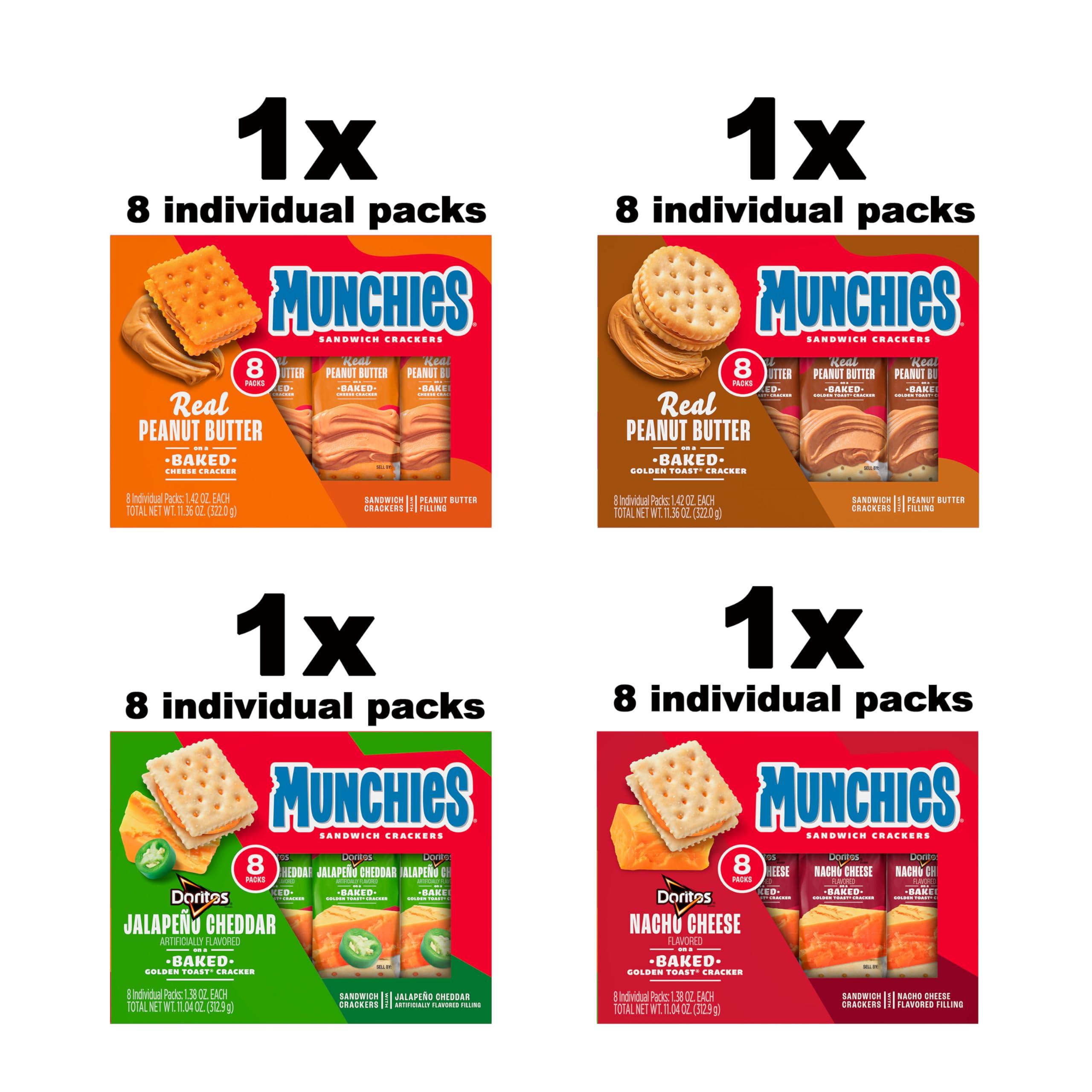 Munchies Baked Sandwich Crackers Variety Pack, Cheese Peanut Butter, Toast Peanut Butter, Doritos Nacho Cheese, and Doritos Jalapeno Cheese (Pack of 32 sleeves) - Image 3
