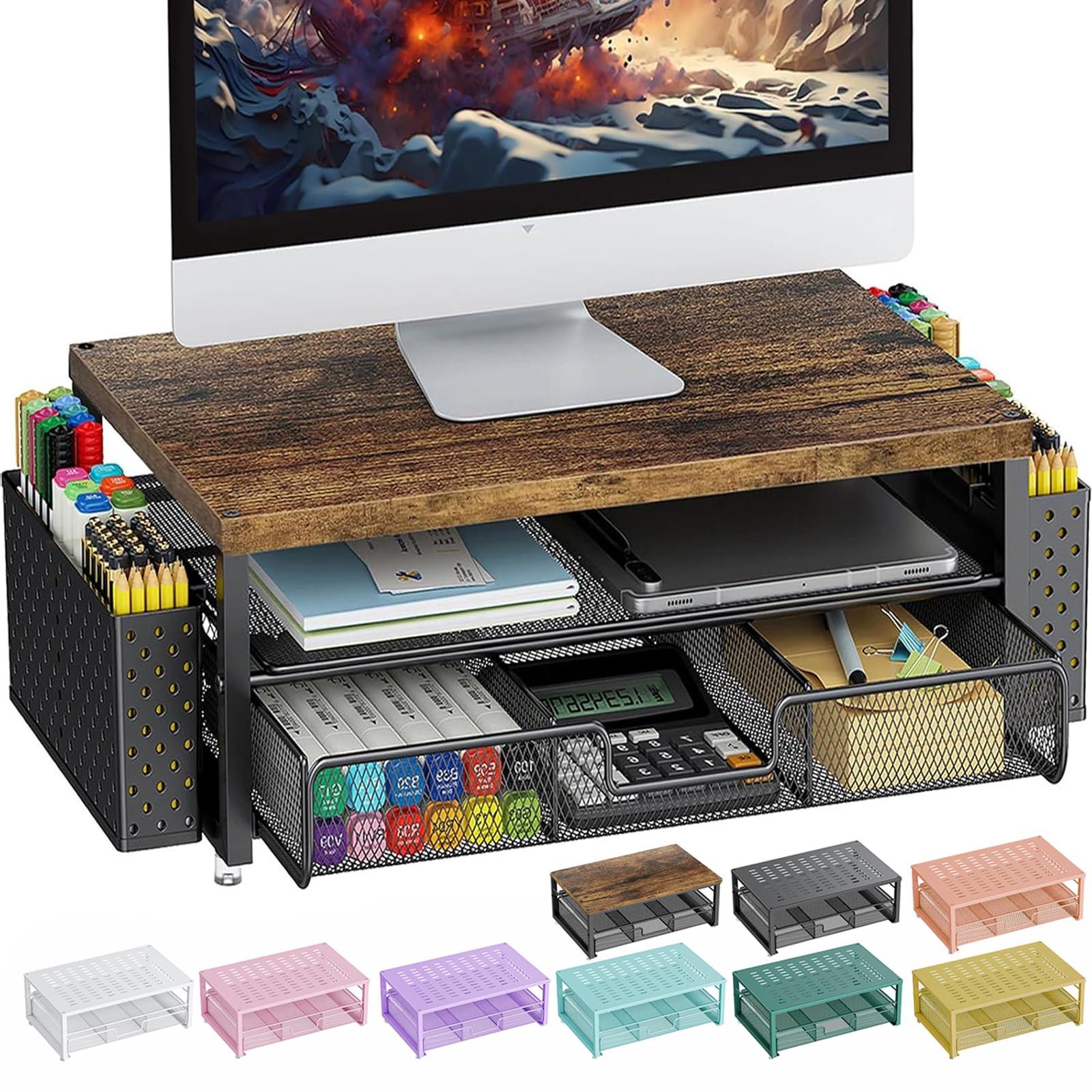 gianotter Wood Monitor Stand Riser, Office Desk Shelf Organizer, Desk Organizer with Drawer and Pen Holder, 2-Tier Computer Stand, Office Organization (Wood)