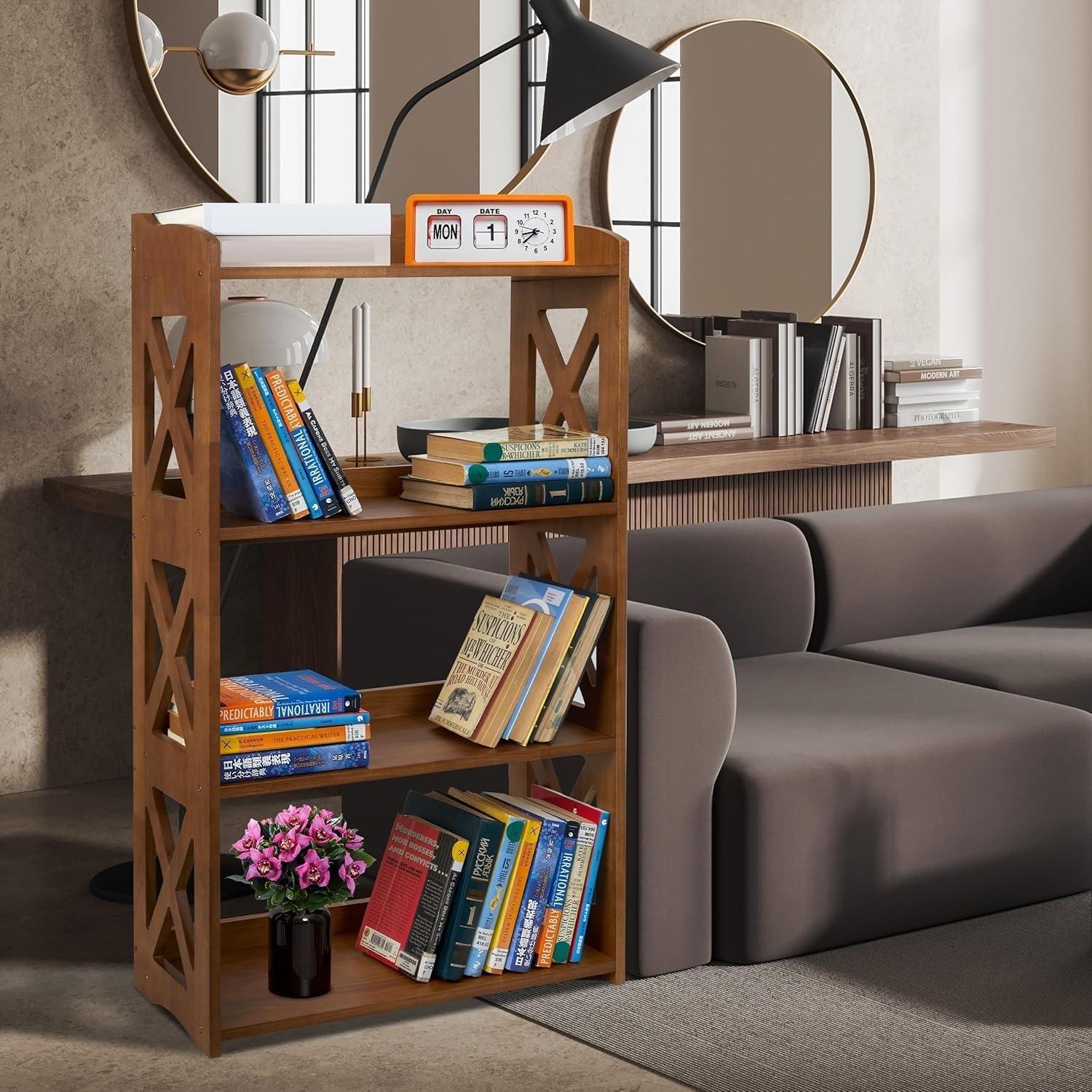 YCICI Open Book Shelf, 4 Tier Bookcase, Small Bookshelf, Wooden Book Shelf Kitchen Shelf, Freestanding Display Storage Shelves for Bedroom, Living Room and Office (Brown) - Image 8