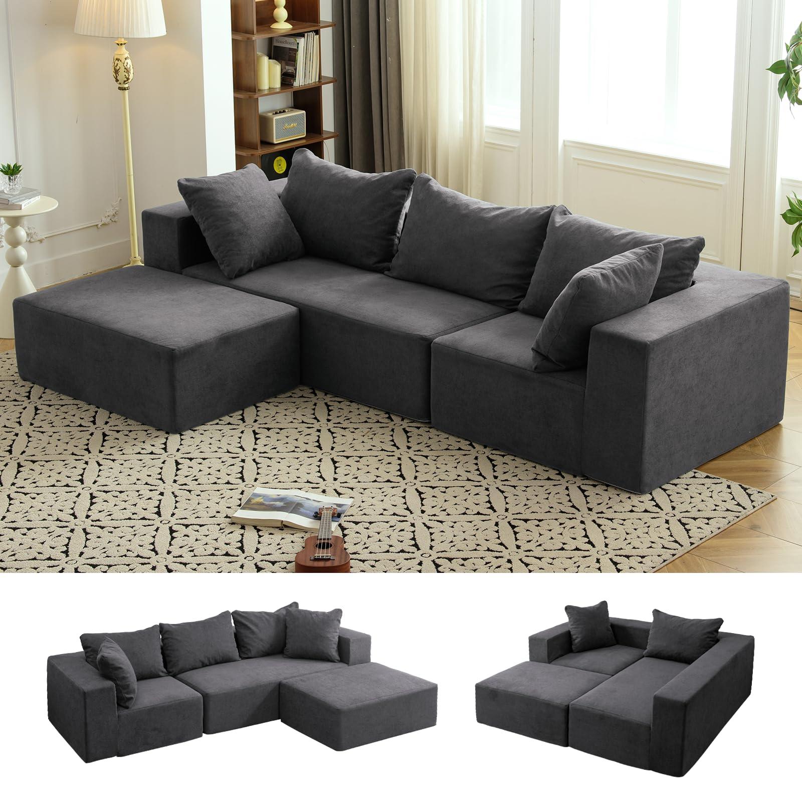 Vamcheer Modular Sectional Sofa with Chaise, Modern L Shaped Cloud Couch with Deep Seat, Sectional Couches for Living Room, Bedroom, Office, No Assembly Required, Gray