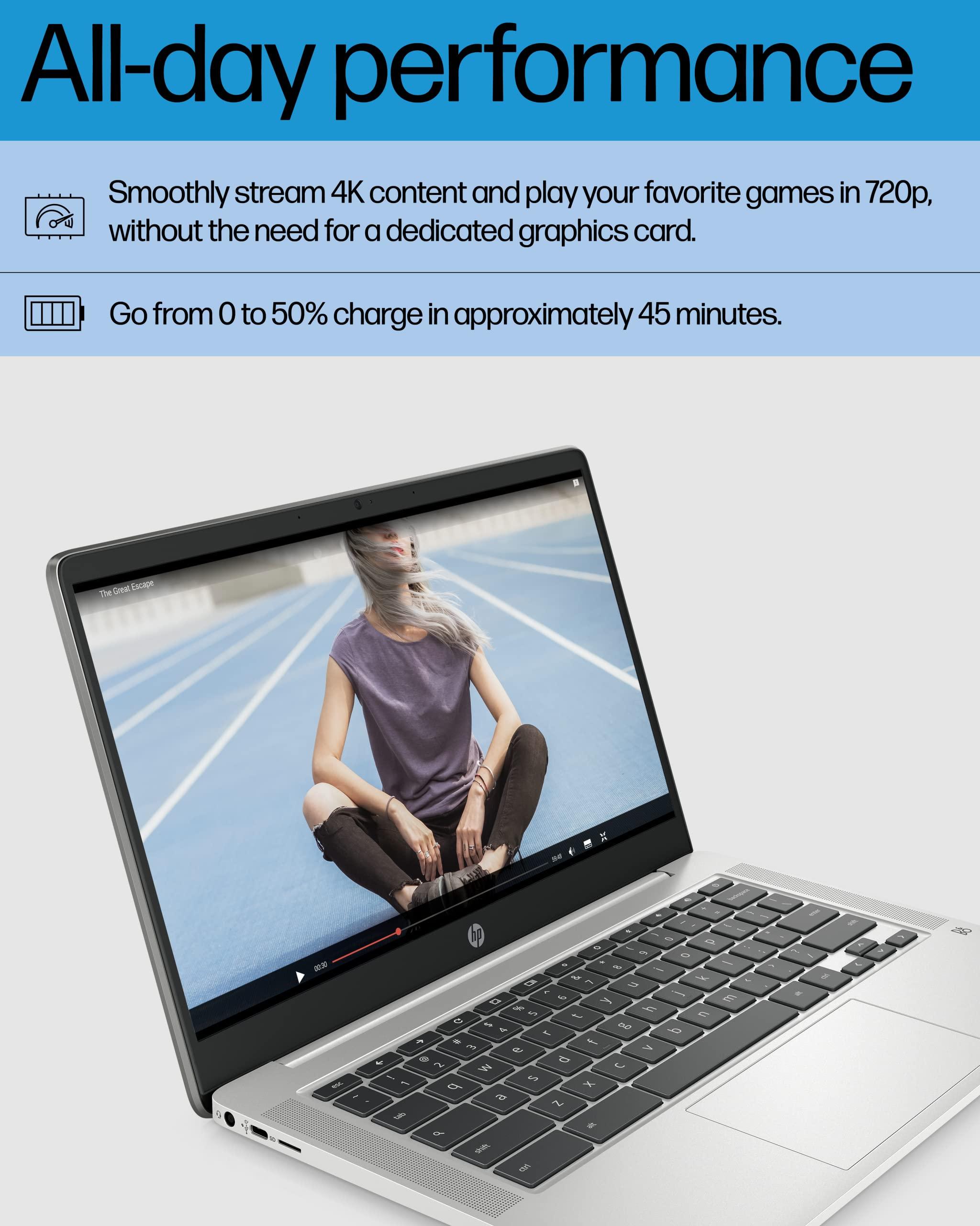 HP Chromebook 14 Laptop, Intel Celeron N4120, 4 GB RAM, 64 GB eMMC, 14" HD Display, Chrome OS, Thin Design, 4K Graphics, Long Battery Life, Ash Gray Keyboard (14a-na0226nr, 2022, Mineral Silver) - Image 4