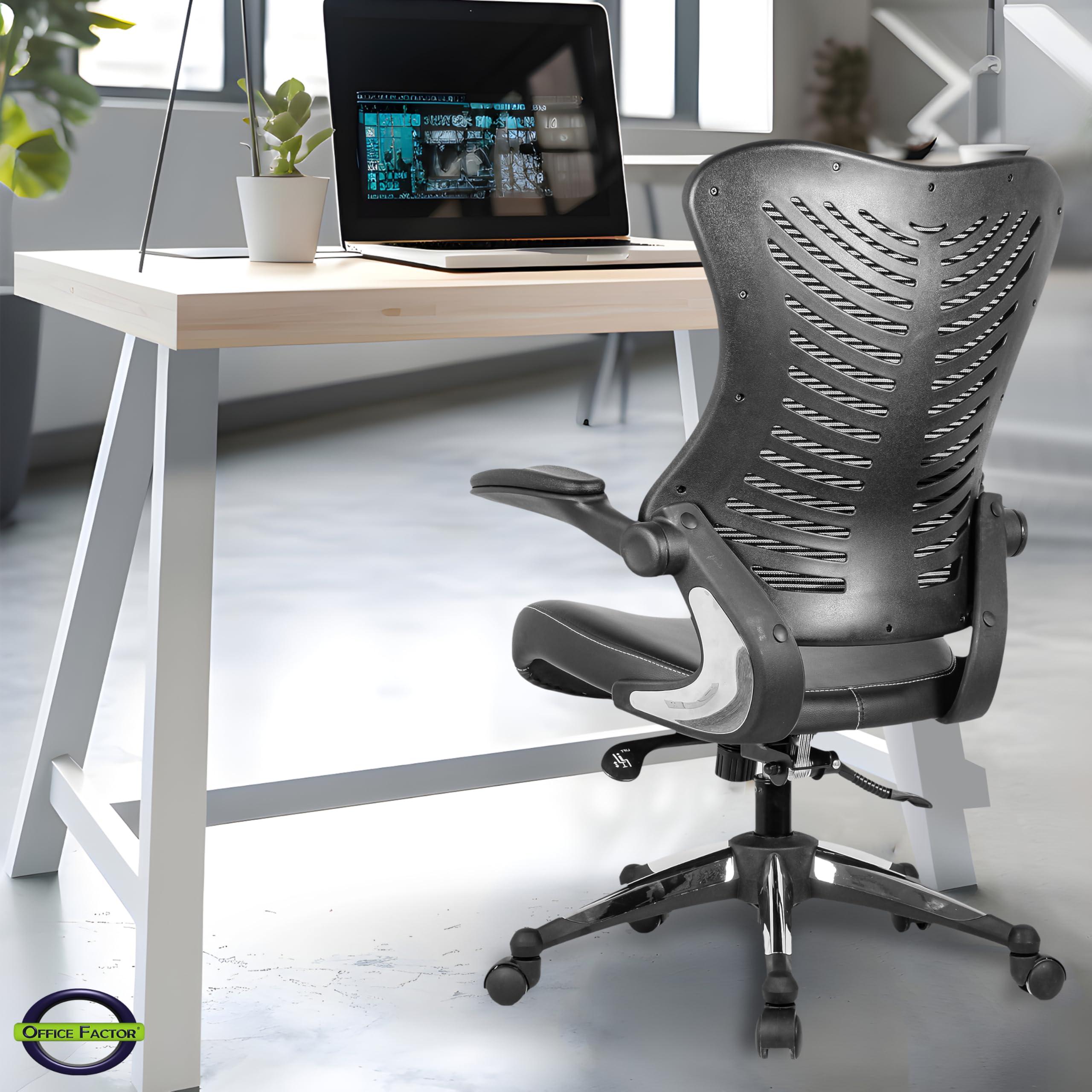 OfficeFactor Executive Ergonomic Computer Office Chair Back Mesh Bonded Leather Seat Flip-up Arms Lumbar Support Molded Foam Seat Adjustable Height Home Office Desk Chair (Black) - Image 2