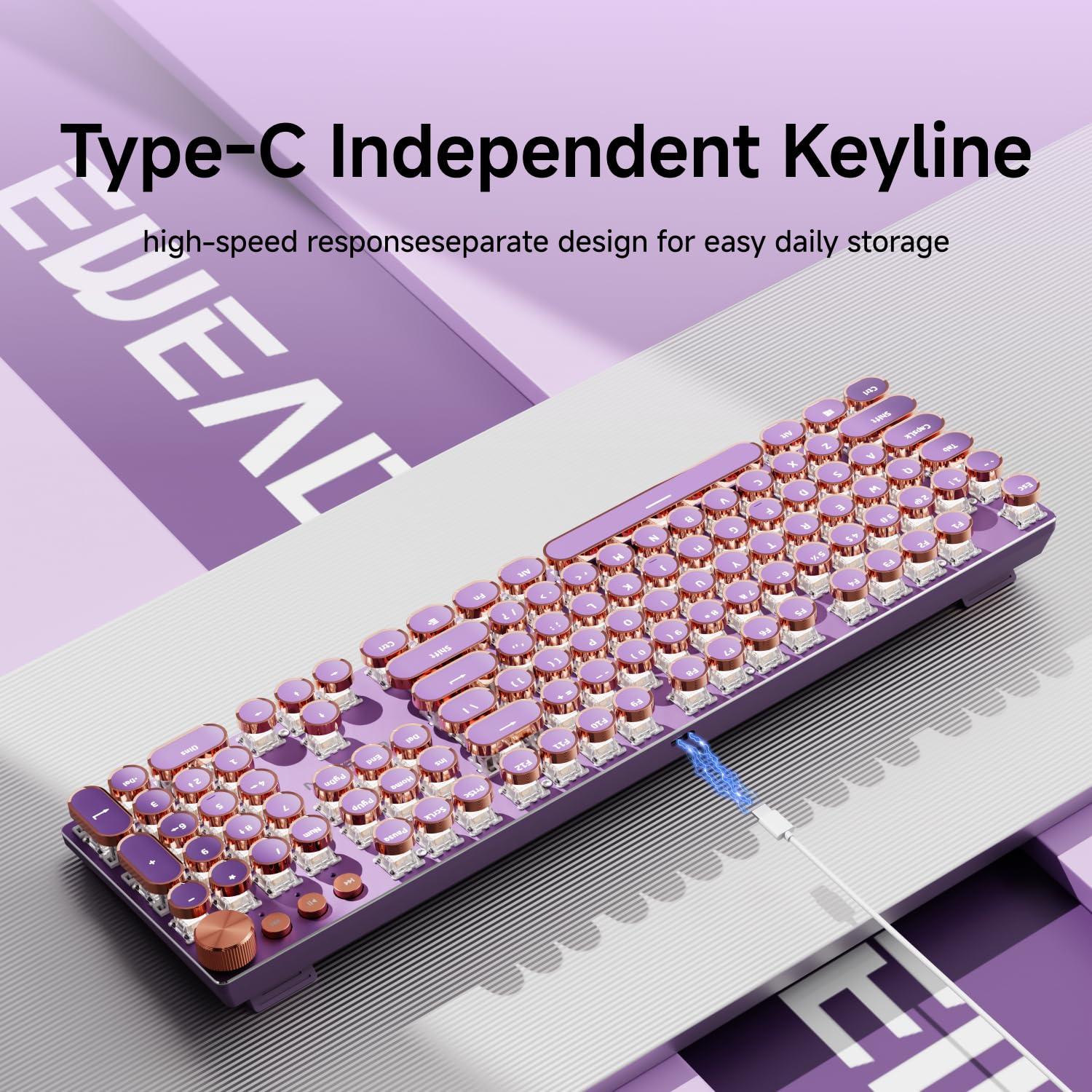EWEADN Typewriter Style Mechanical Gaming Keyboard, Wired Mechanical Keyboards,104 Keys Backlit LED Keyboards, Media Control Knob, Wired Computer Keyboard Pink Switch for Windows/Mac/PC-Purple - Image 3