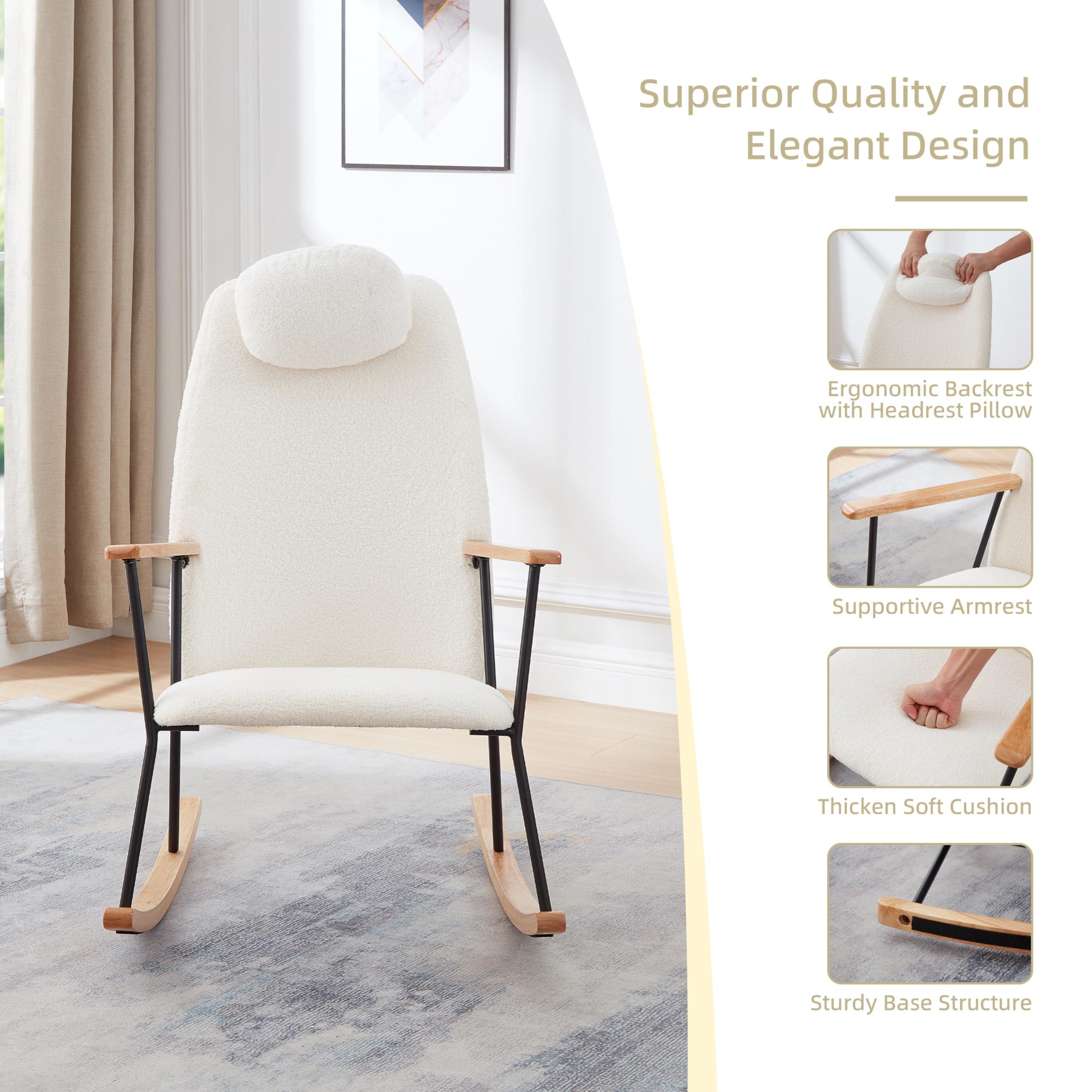 VeroFree Adjustable Headrest Pillow Rocking Chair, Teddy Fabric Glider Rocker with High Backrest – Modern Nursery, Bedroom, Living Room Accent Chair (White + Nature) - Image 3