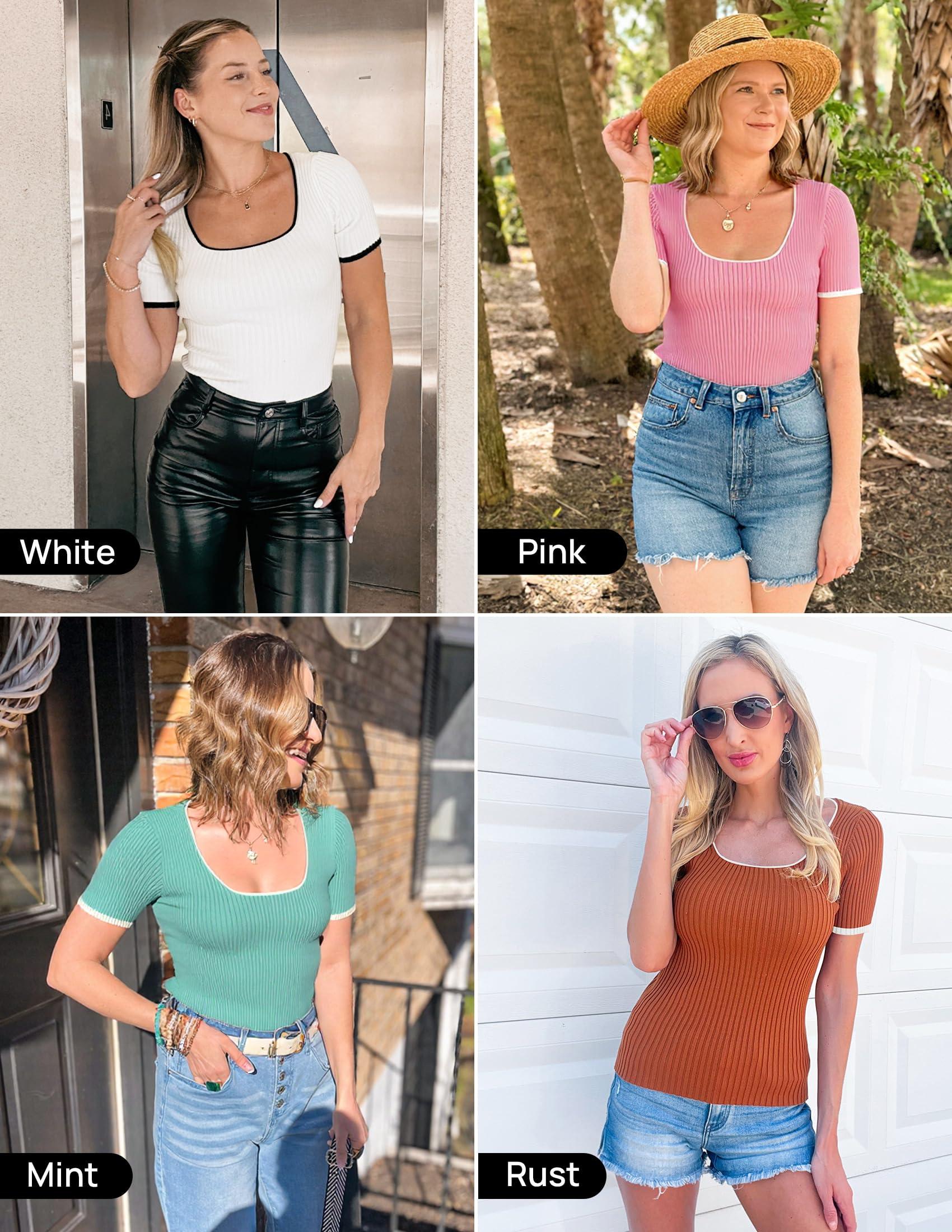 ZESICA Women's Short Sleeve Square Neck Color Block T Shirt 2025 Summer Slim Fit Ribbed Knit Basic Tee Tops - Image 5