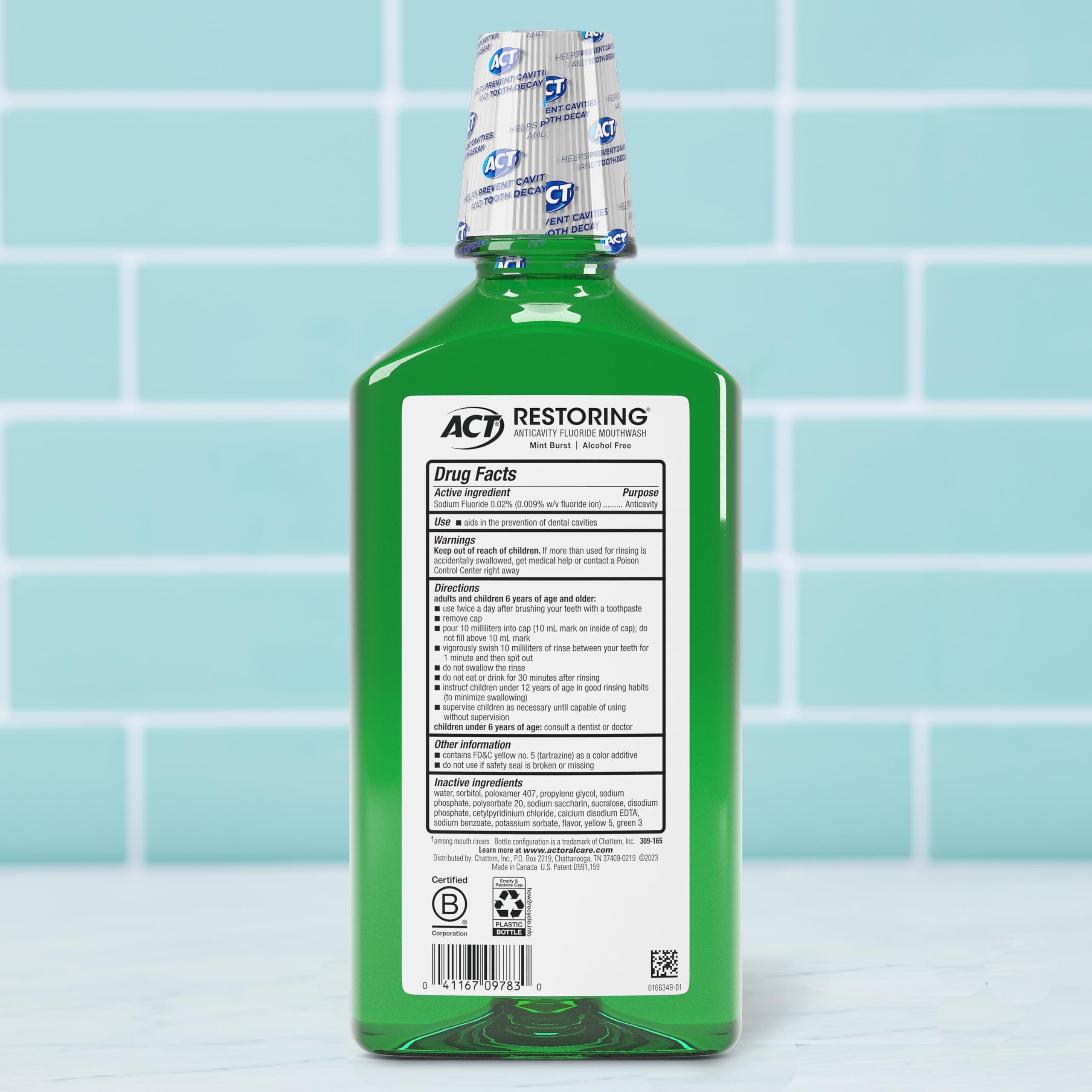 ACT Restoring Zero Alcohol Fluoride Mouthwash 33.8 fl. oz. Strengthens Tooth Enamel, Mint Burst - Image 2