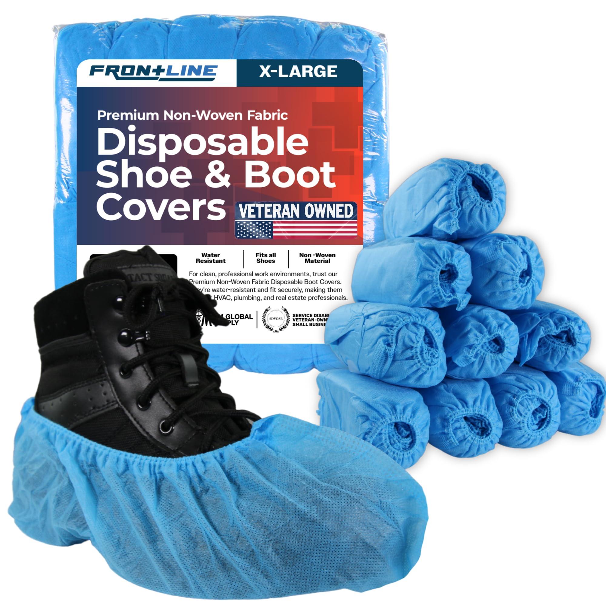 Frontline Disposable Shoe Covers – Non-Woven, Durable, Booties Shoe Protectors – Water Resistant - One Size Fits Most, Indoor Use – for Real Estate, Technicians, Home (100)