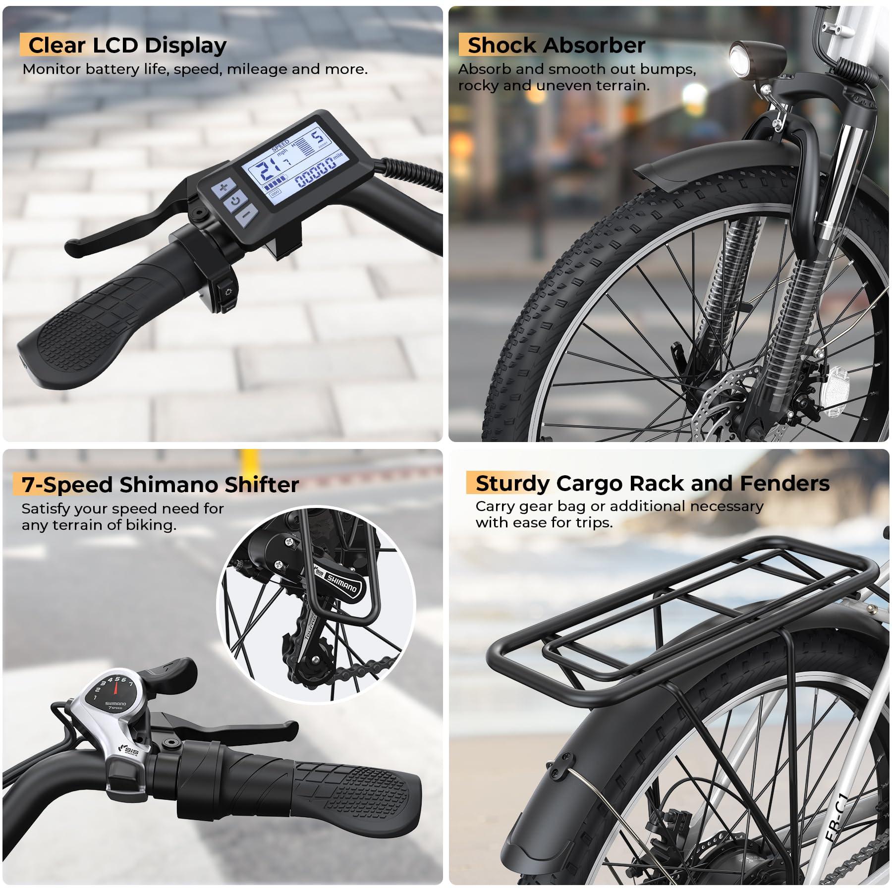 Funhang Electric Bike for Adults, 1000W Peak Ebike, 21.7MPH 50Miles City Cruiser Ebikes, 26" Step Thru Electric Bicycle with 48V Removable Battery, Adjustable Stem, Rear Rack, Front Suspension,7 Speed - Image 5