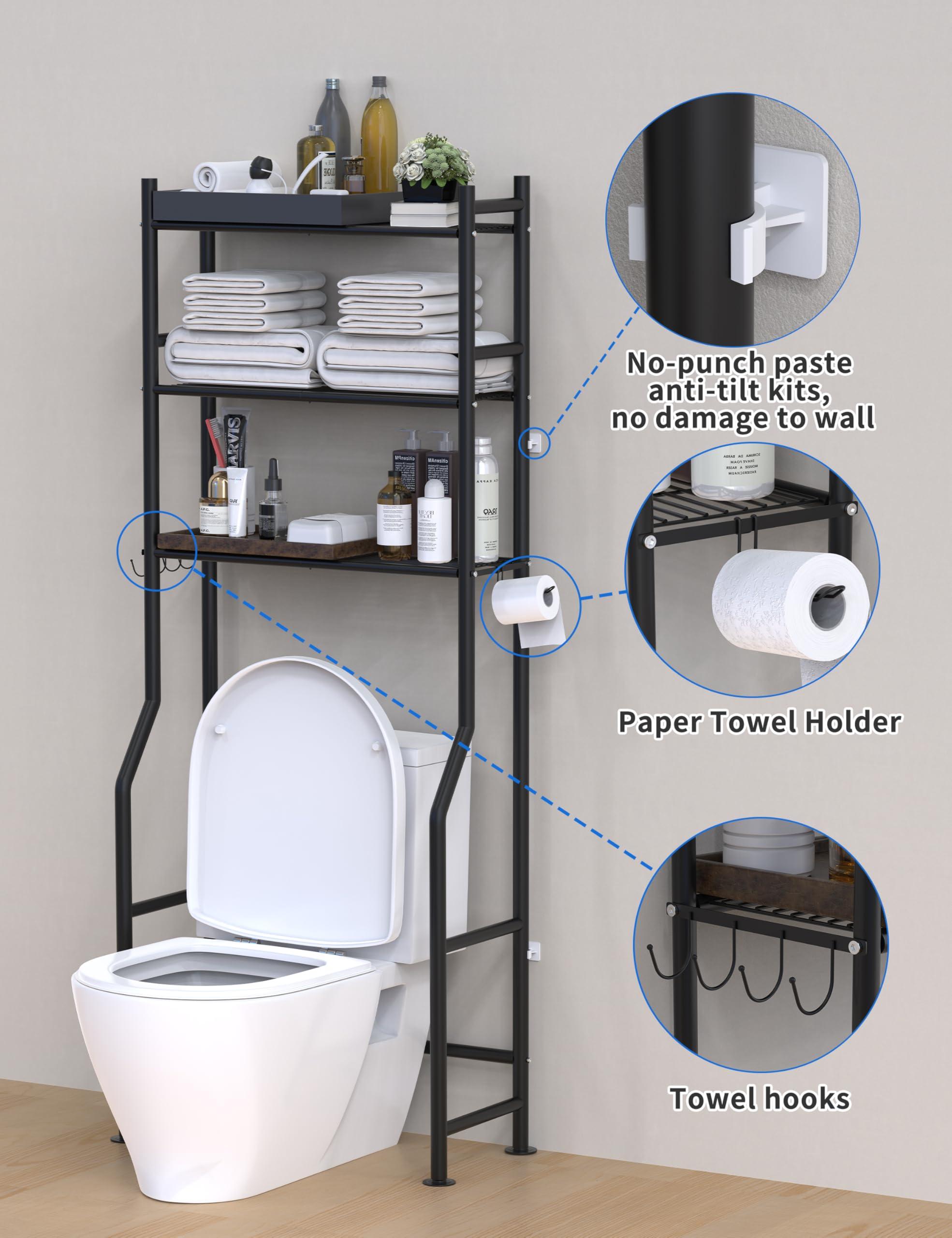 Livilord 3-Tier Over The Toilet Storage, Freestanding Metal Bathroom Shelves with 4 Hooks, Over Toilet Storage Shelf with Paper Holder, Above The Toilet Shelf for Bathroom Storage, Black - Image 5