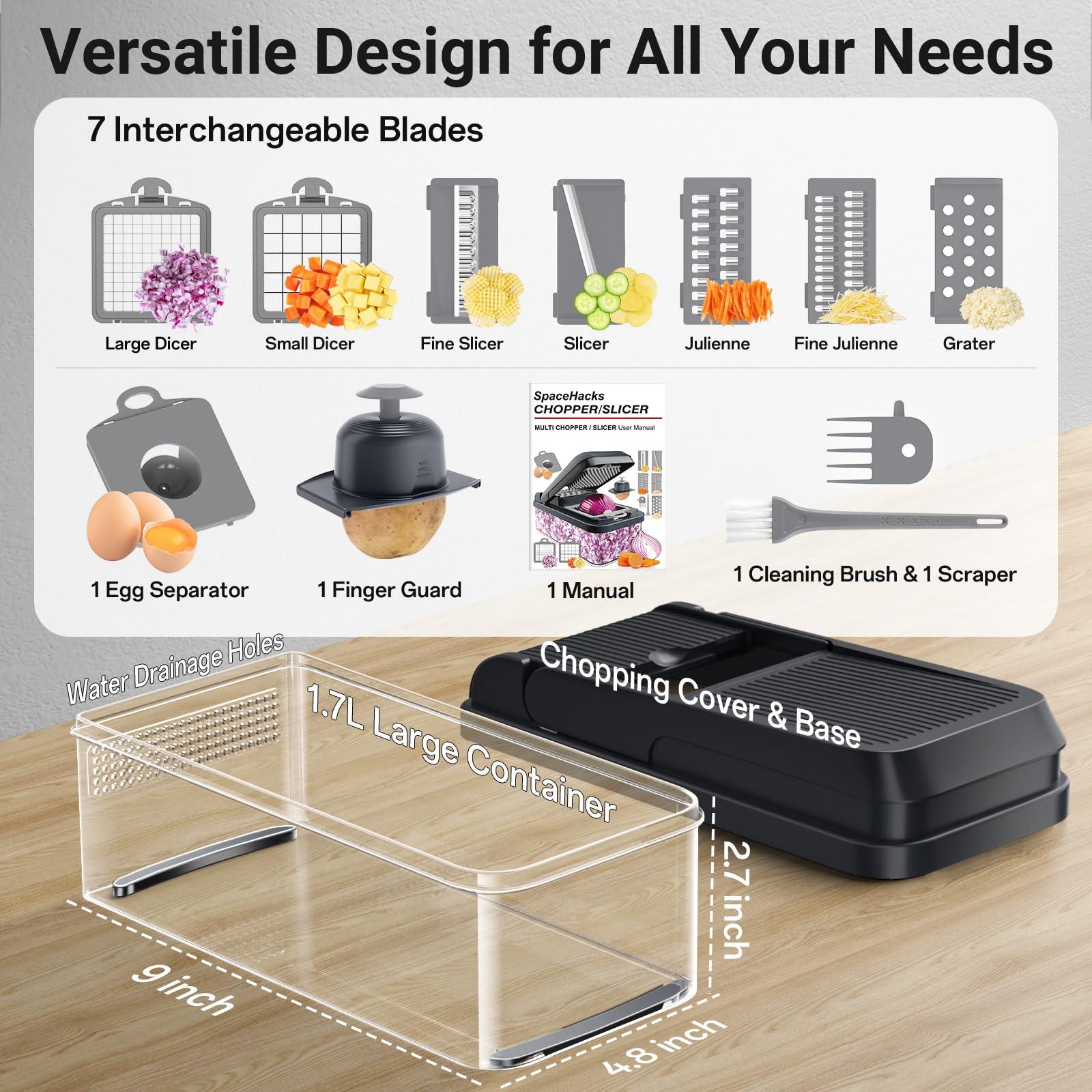 SpaceHacks 12-in-1 Vegetable Chopper, Kitchen Gadgets with 7 Blades, Veggie, Food, Onion Chopper, Cucumber Slicer, Versatile Mandoline, Includes Egg Separator & Finger Guard, Gray - Image 2