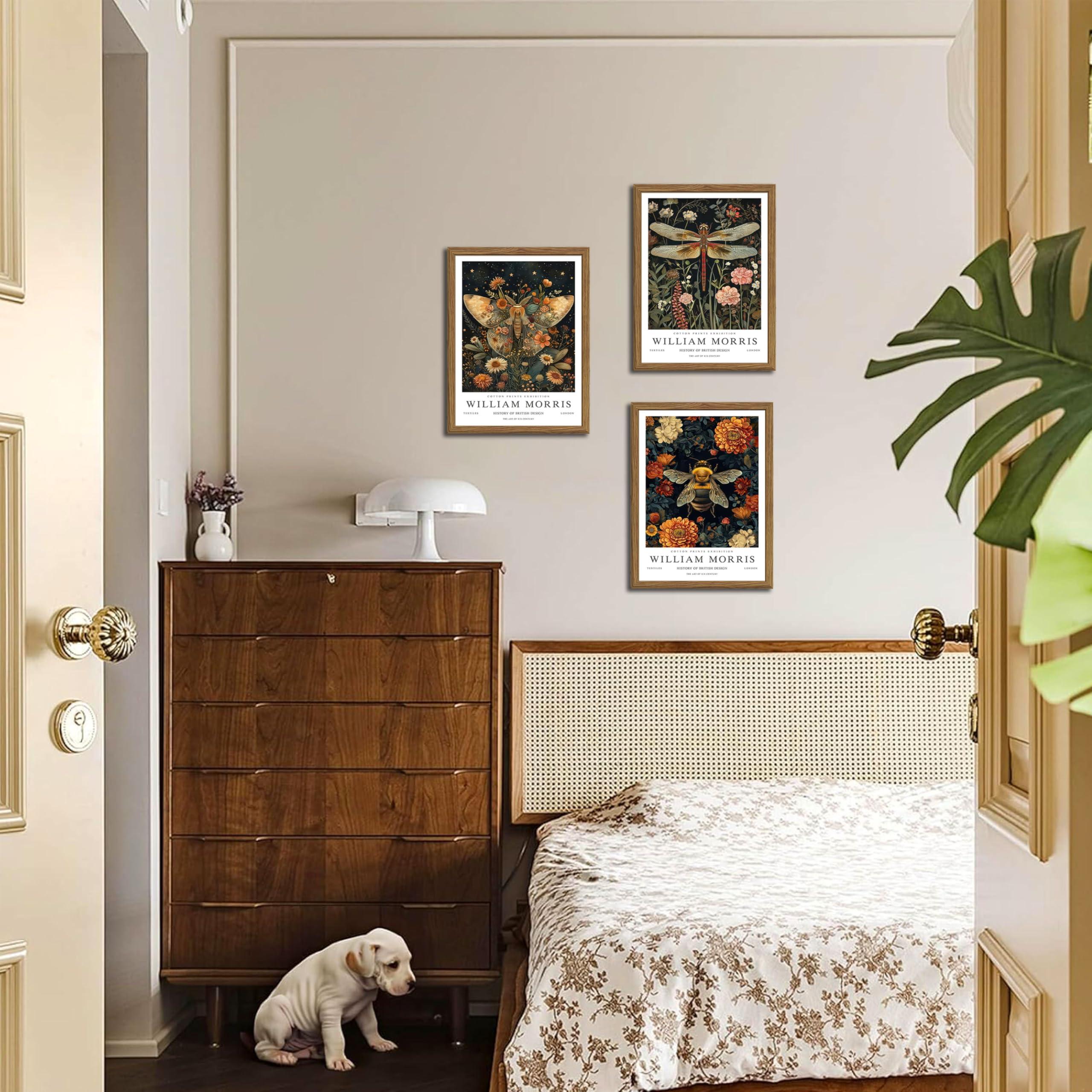 Wood Frame William Morris Wall Art Set of 3, Vintage Animal Bee Butterfly Dragonfly Posters Prints, Botanical Nature Flower Canvas Wall Decor Paintings for Living Room Bedroom Bathroom 12x16In Framed - Image 8