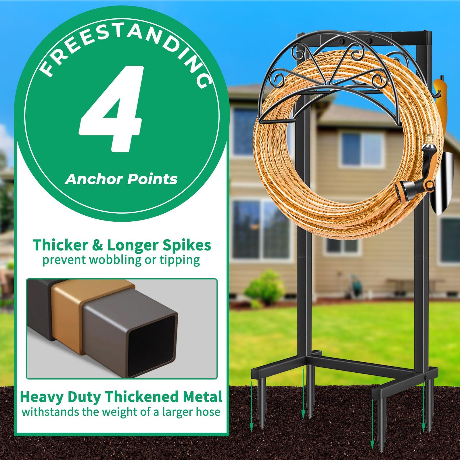 TomCare Garden Hose Holder Heavy Duty Water Hose Holder Holds 160 FT Hose 4 Spikes Hose Reel with 2 Tool Hooks Freestanding Hose Hanger Sturdy Hose Storage Stand for Outside Yard Lawn, Black - Image 4