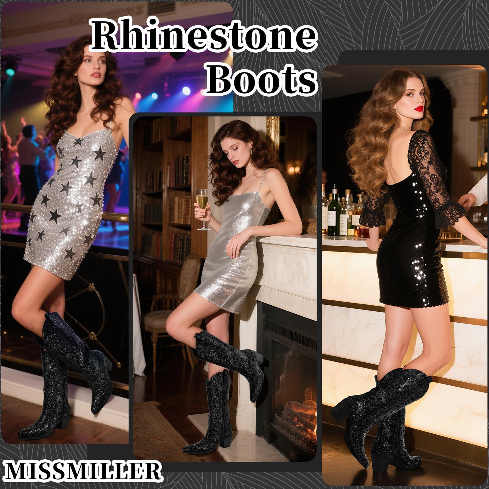 MISSMILLER Women’s Rhinestone Cowboy Boots Mid Calf Pointed Toe Sparkly Block Heel Cowgirl Boots with Pull On Tabs - Image 4