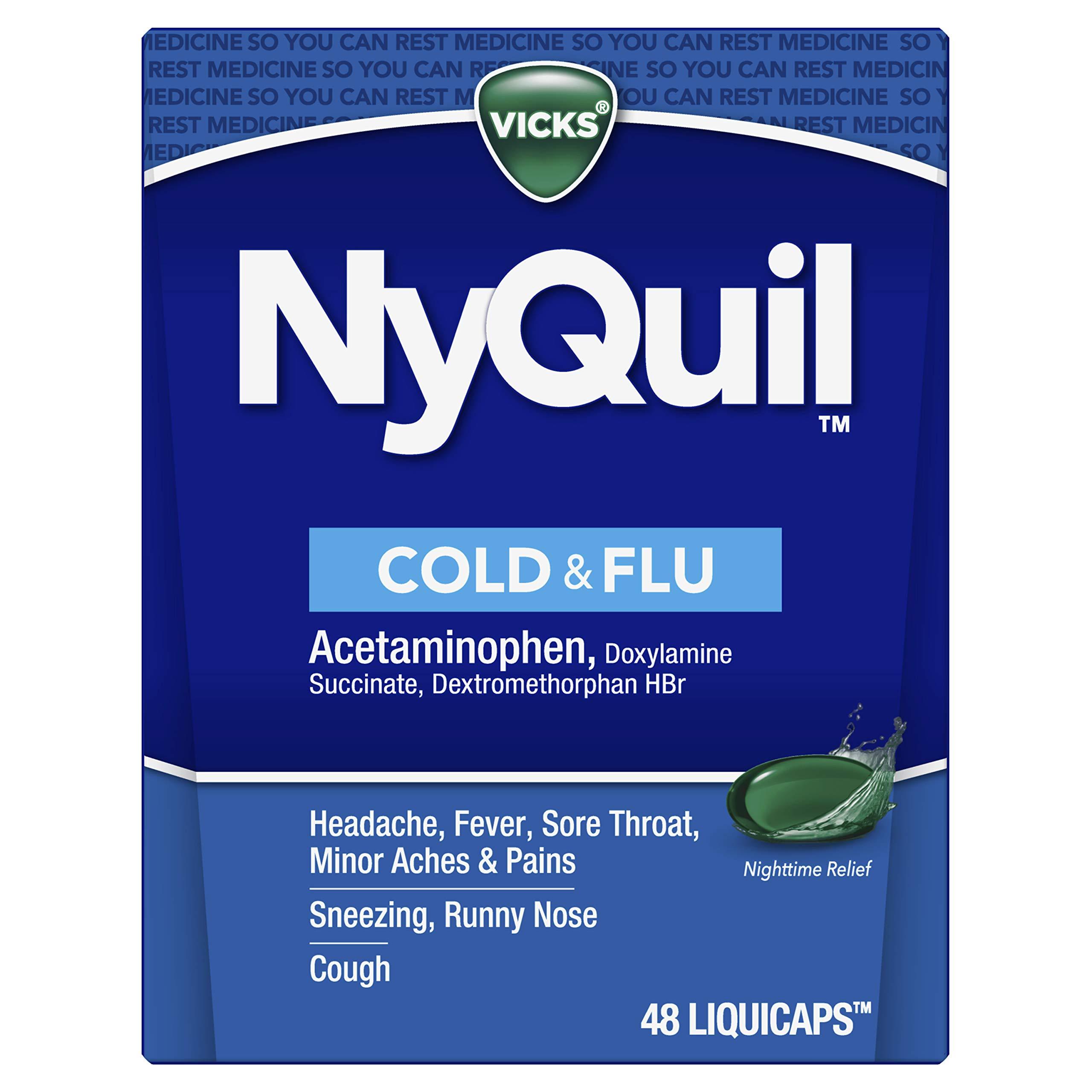 VICKS NyQuil Cold & Flu Relief Over-the-Counter Medicine, Powerful Multi-Symptom Nighttime Relief for Headache, Fever, Sore Throat, Minor Aches & Pains, Sneezing, Runny Nose, and Cough, 48 LiquiCaps - Image 8
