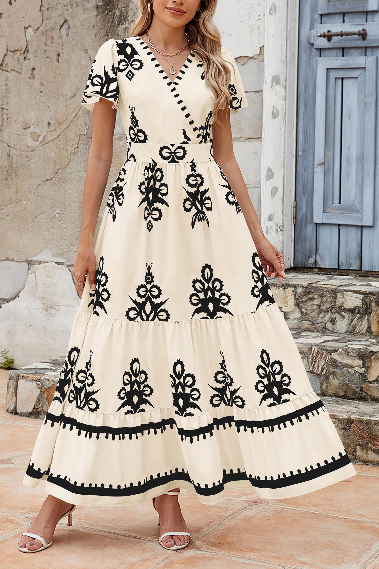 PRETTYGARDEN Womens 2025 Summer Casual V Neck Boho Maxi Dress Flowy Aline Bell Sleeve Tiered Floral Dresses with Pocket - Image 6