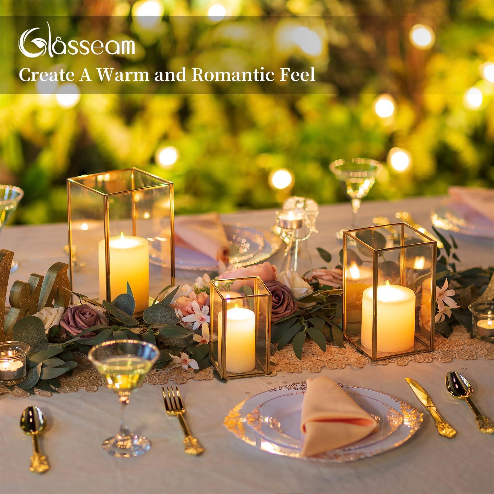 Glasseam Glass Hurricane Candle Holder: Set of 3 Gold Square Candle Holders for Pillar Candles Large for Table Centerpiece Wedding Christmas Decorative - Image 5