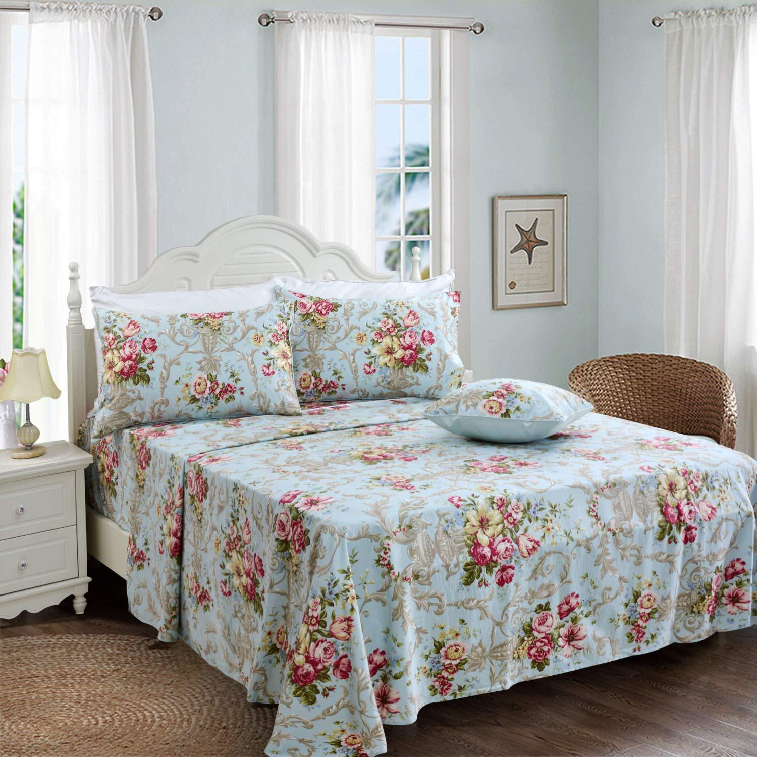 FADFAY Shabby Floral Bedding Elegant Peony Sheets Set Luxury Bedding Collections 800 Thread Count 100% Egyptian Cotton Deep Pocket, 4 Piece-Queen Size - Image 4