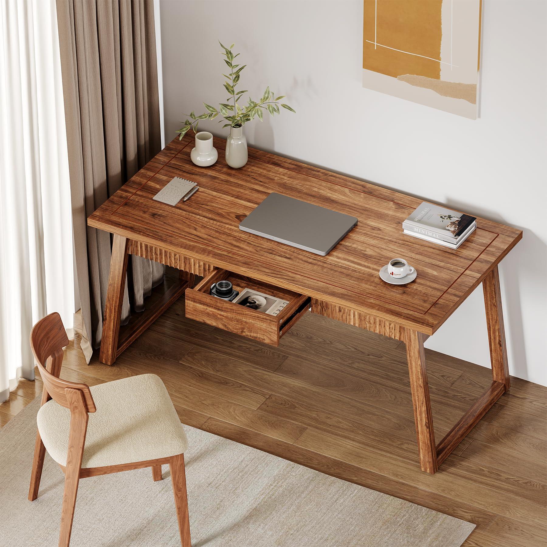LITTLE TREE 55-Inch Home Office Desk with Drawer, Modern Minimalist Style Wooden Simple Study Writing Table, Mid-Century Log Executive Desk, Computer Desk, PC Laptop Desk Workstation, Walnut Brown - Image 5
