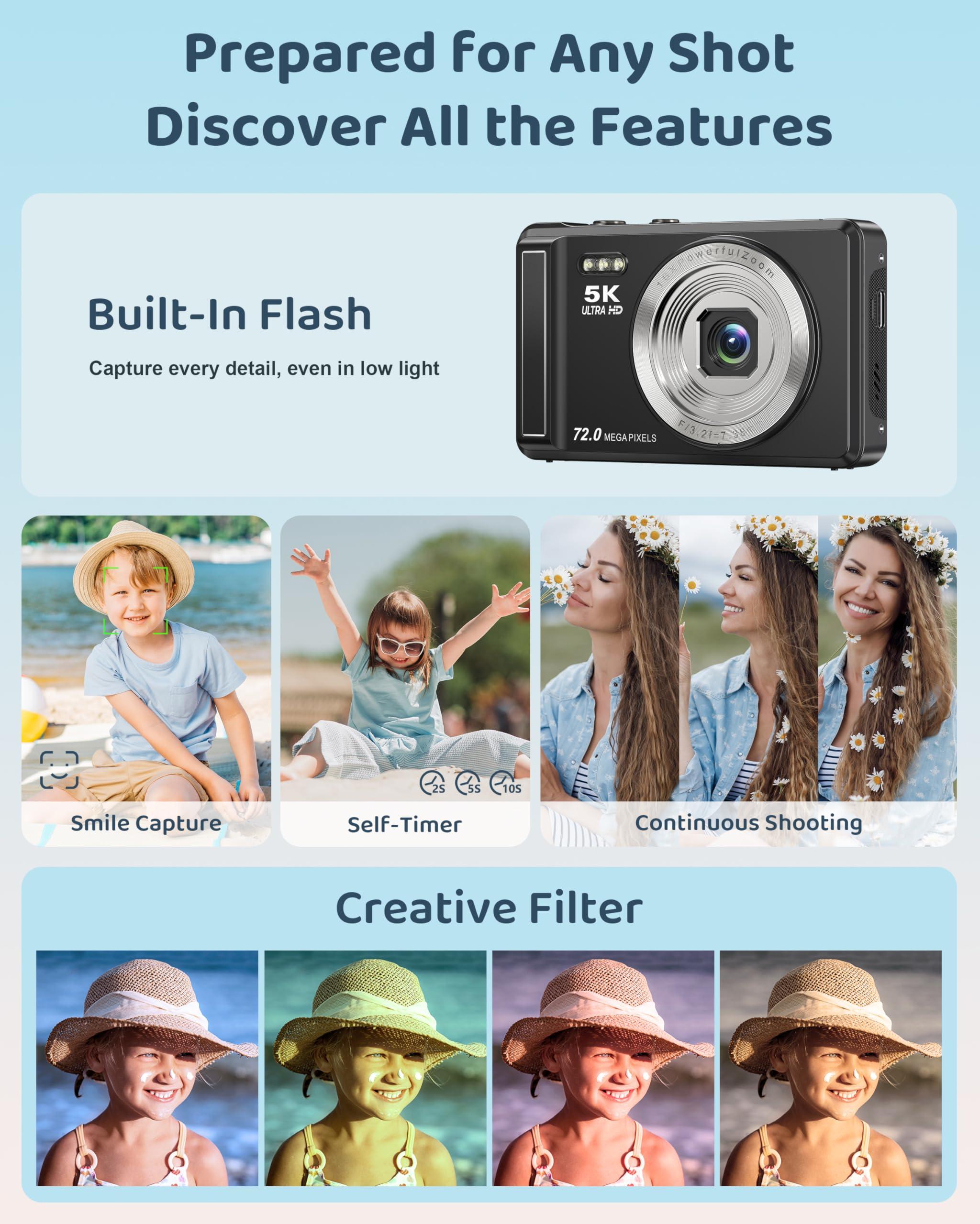 5K Digital Camera - 72MP UHD Digital Cameras for Photography - Autofocus Point and Shoot Small Camera with Flash for Kids - 2.8 Inch Screen Compact Portable Vlogging Camara with 16X Zoom, 32GB SD Card - Image 6