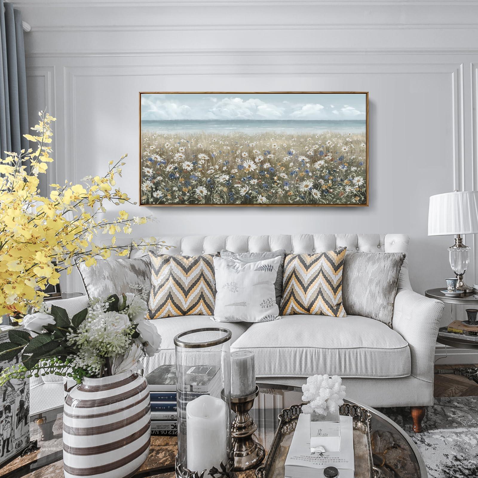 amatop Large Wall Art for Living Room Framed Boho Beach Coastal Floral Ocean Wall Picture Farmhouse Daisy Flower Sea Canvas Print Nautical Neutral Vintage Warm Artwork Home Bedroom Office Decor 48x24 - Image 2