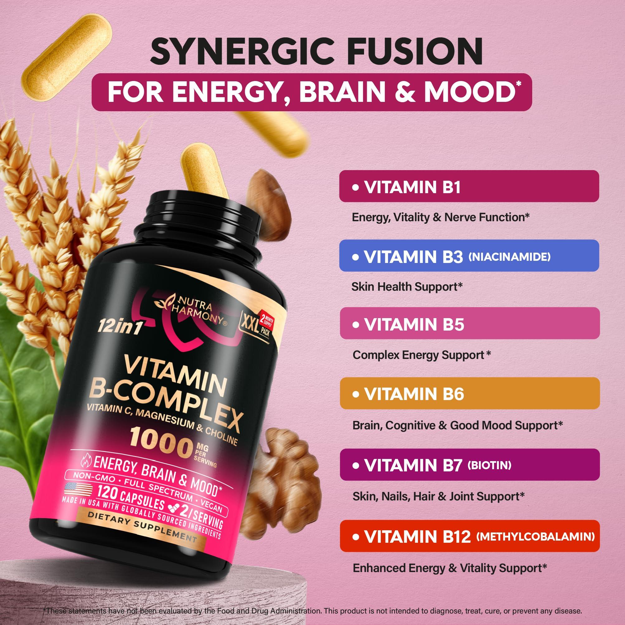 Vitamin B Complex for Men & Women - Made in USA - B-Complex: B1, B2, B3, B5, B6, B7, B8, B9, B12 with Vitamin C, Choline, Inositol - Energy, Brain & Heart Support Supplement, 120 Vegan Capsules - Image 4
