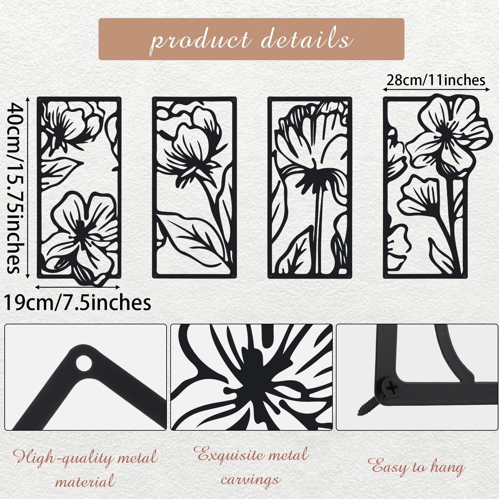 Cunno 4 Pcs Black Wall Decor Metal Floral Minimalist Line Art Wall Living Room Bedroom Flower Aesthetic Modern Sculpture Poppy Theme Hanging Home Kitchen Bathroom Decorations - Image 2