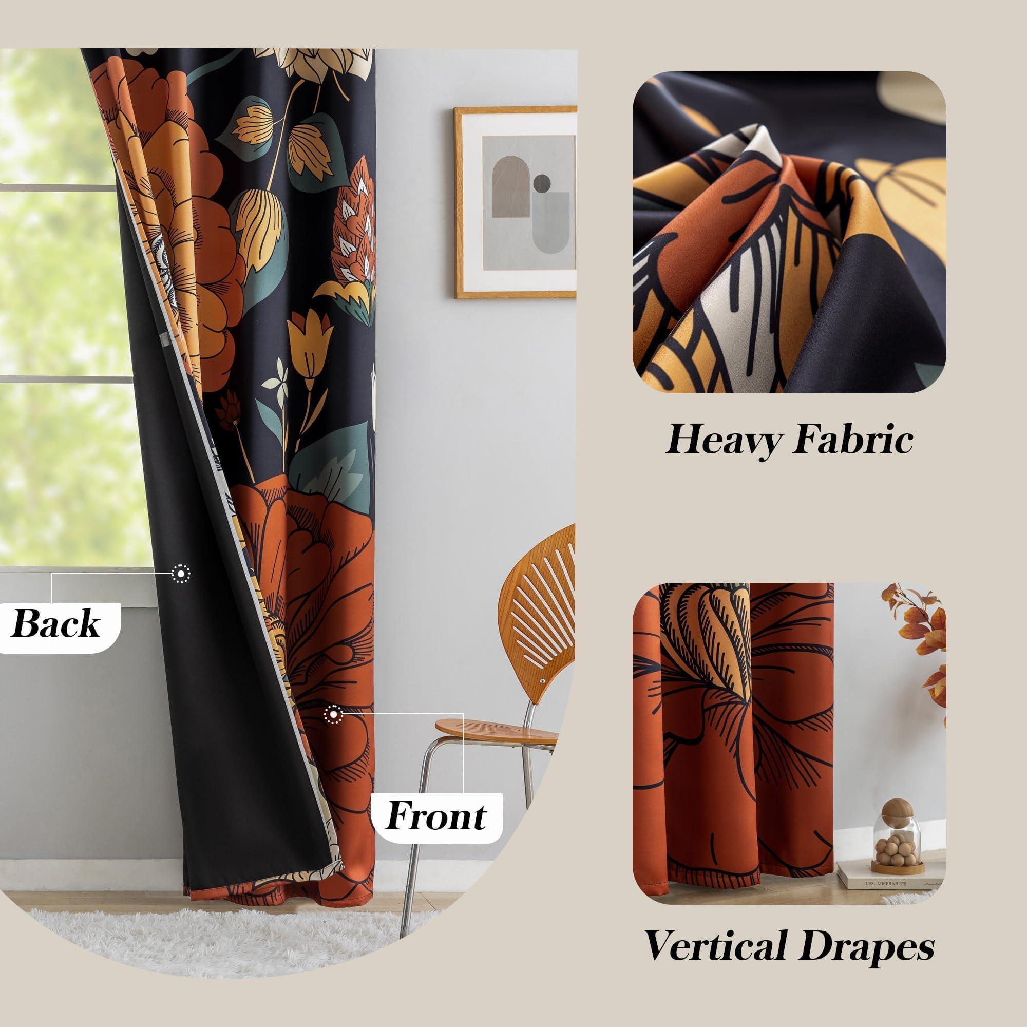 Tyrot Black Boho Floral 100% Blackout Curtains for Bedroom 84 inch Long 2 Panels Mid Century Botanical Black Out Curtains for Living Room Grommet Thermal Insulated Room Darkening Window Drapes,52Wx84L - Image 6
