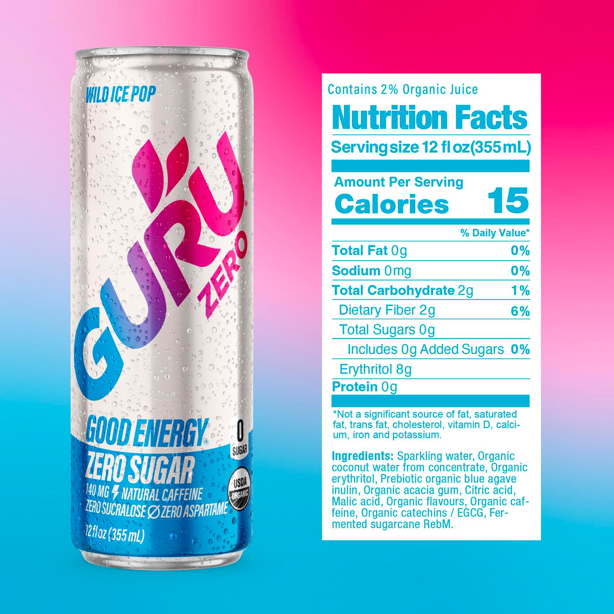 GURU ZERO SUGAR Organic Energy Drinks Variety Pack, Clean Energy Drink with Plant Based Natural Caffeine from Green Tea, Coconut Water, Prebiotic, Zero Added sugars, Gluten Free and Vegan, Pre Workout, Healthy Drinks, 12oz (Pack of 12) - Image 2