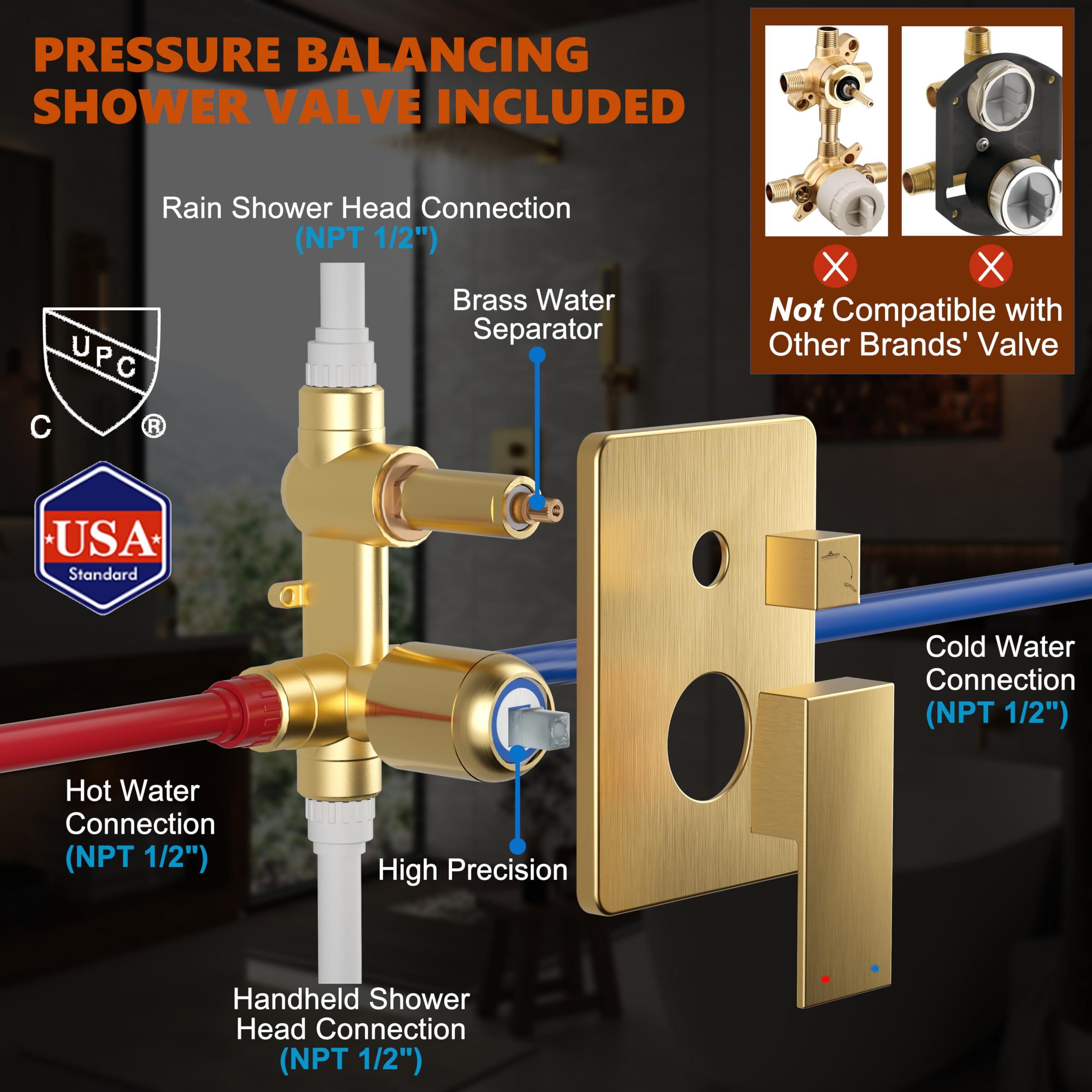 Kurpot Gold Shower System, 10'' Square Rainfall Shower Head with Handheld Combo Spray, Bathroom Brushed Gold Shower Faucet Set with Valve, 59'' Shower Hose, Shower Trim Kit and Diverter, Wall Mounted - Image 6